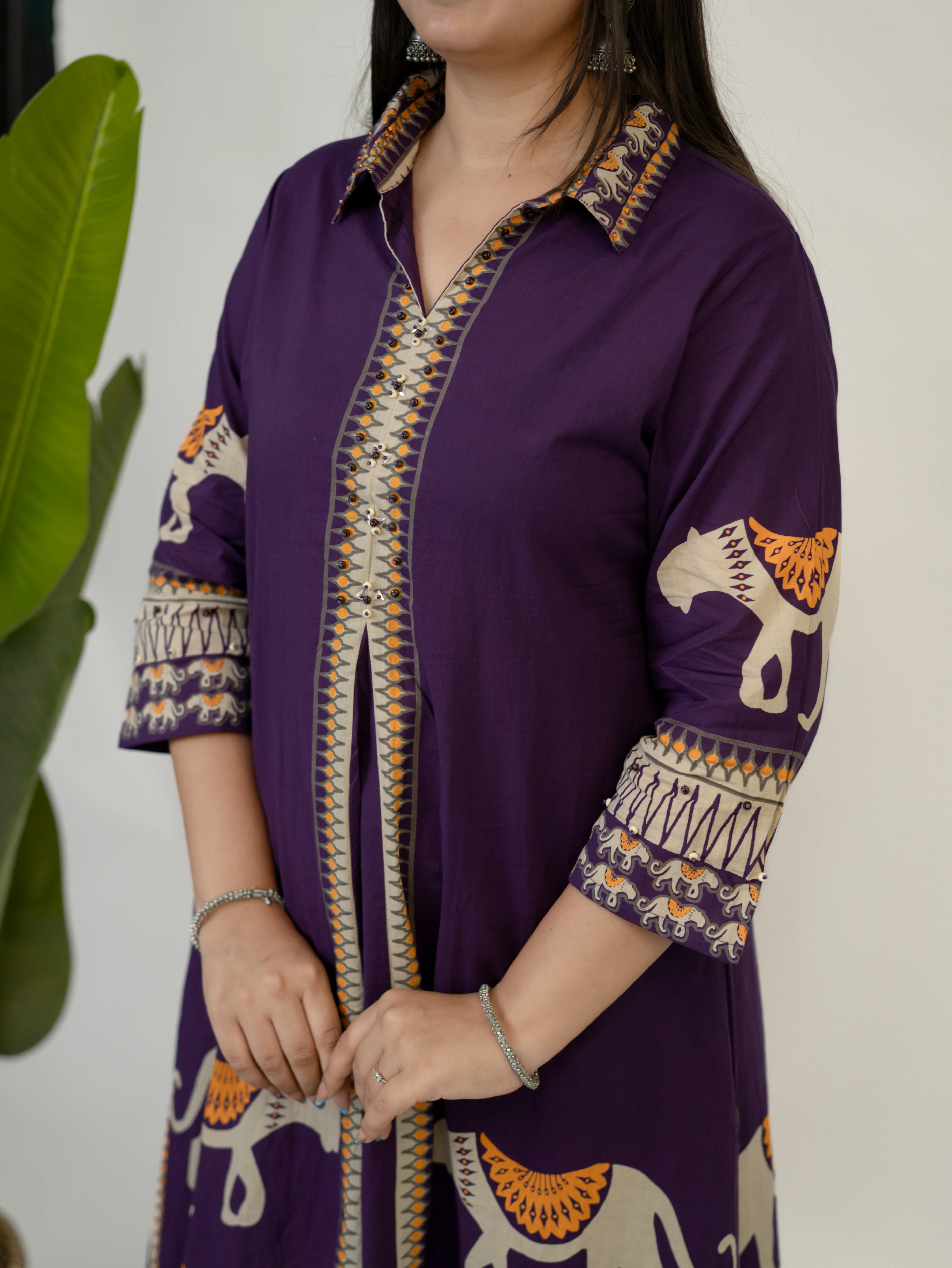 Kiara Purple Tribal Bagh Cotton BeadWork Kurta Set - Image 9