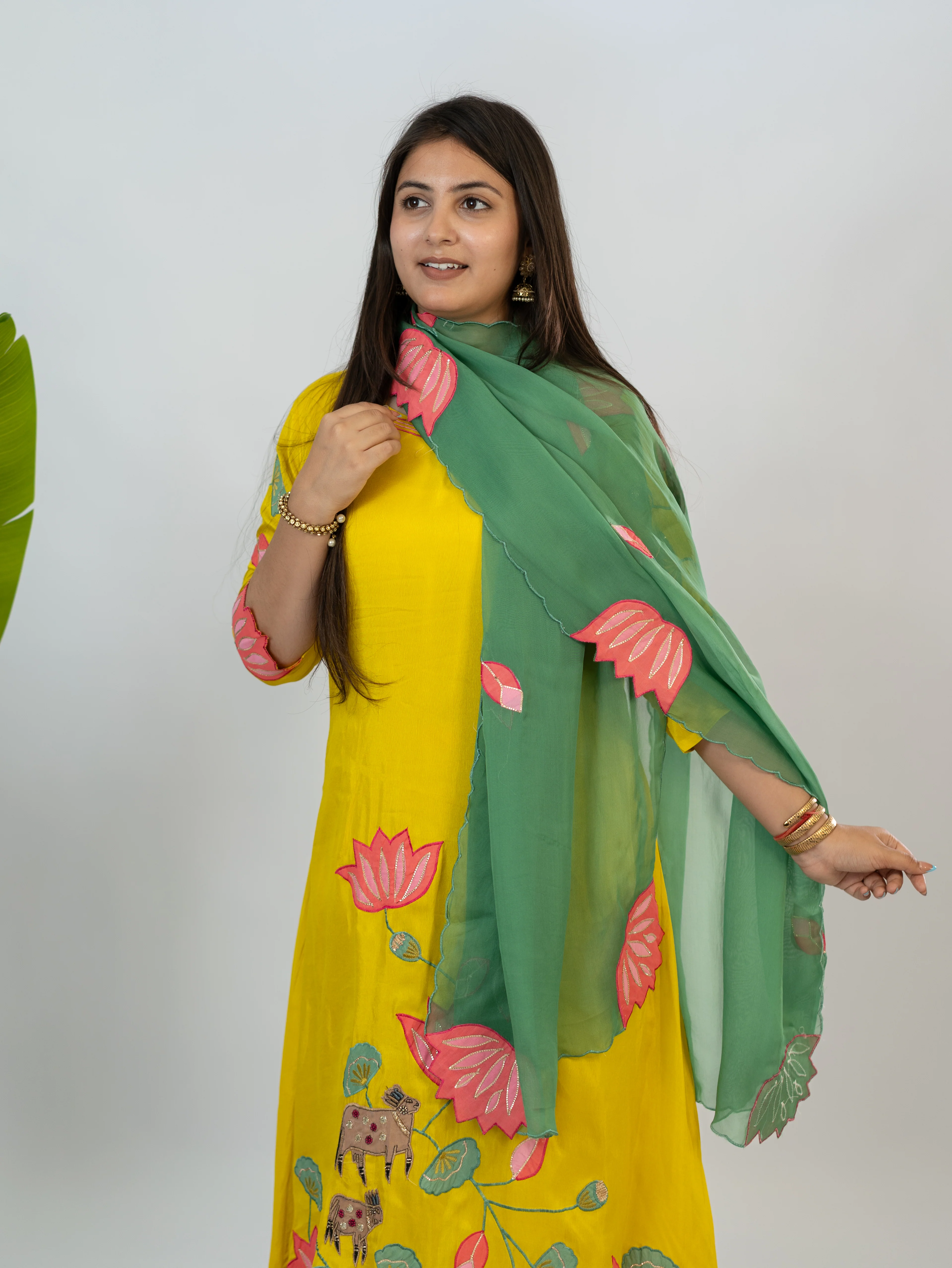 Kiara Yellow Russian Silk A-line Applique Deatiled Dupatta Set - Image 10