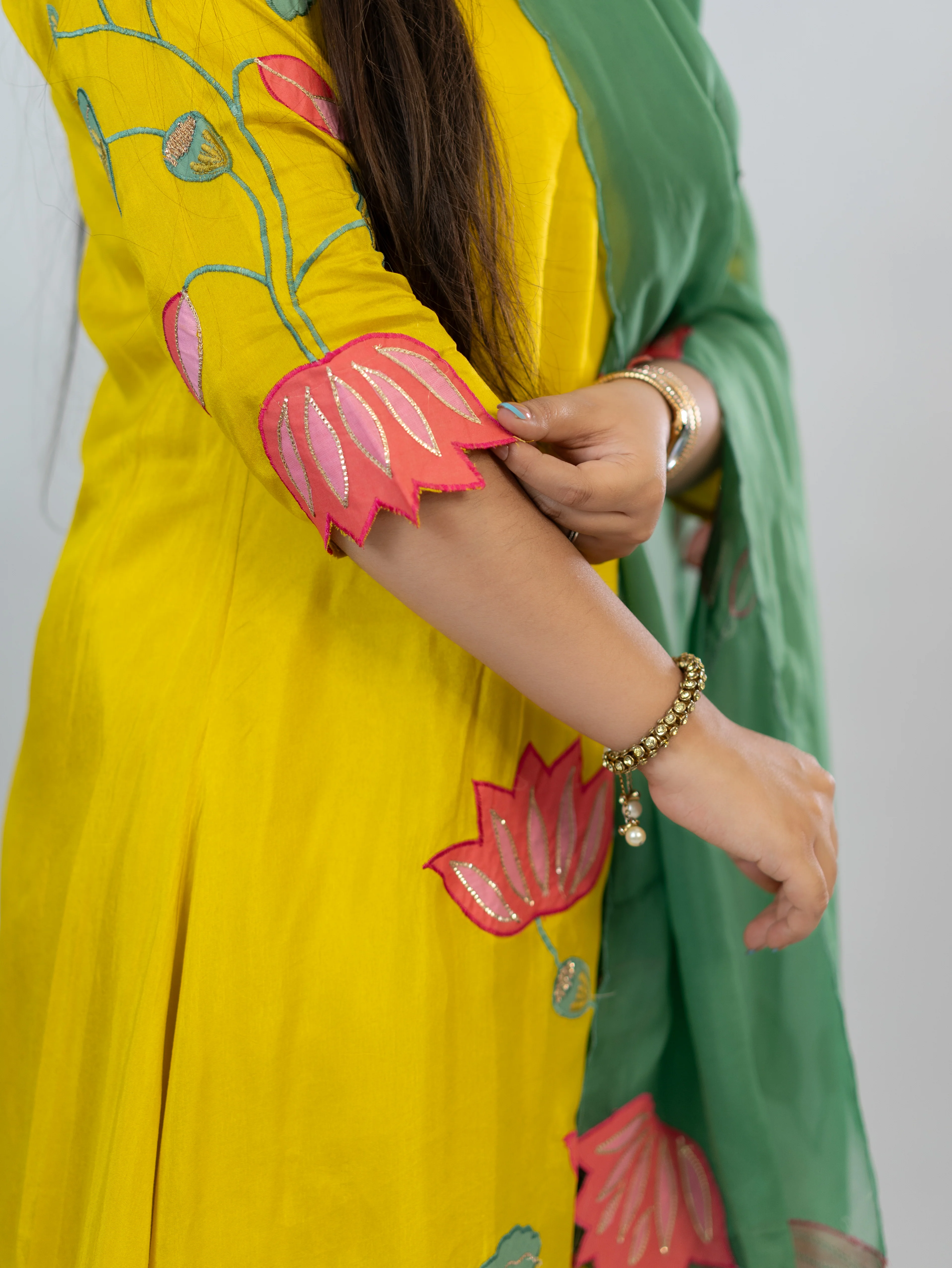 Kiara Yellow Russian Silk A-line Applique Deatiled Dupatta Set - Image 11