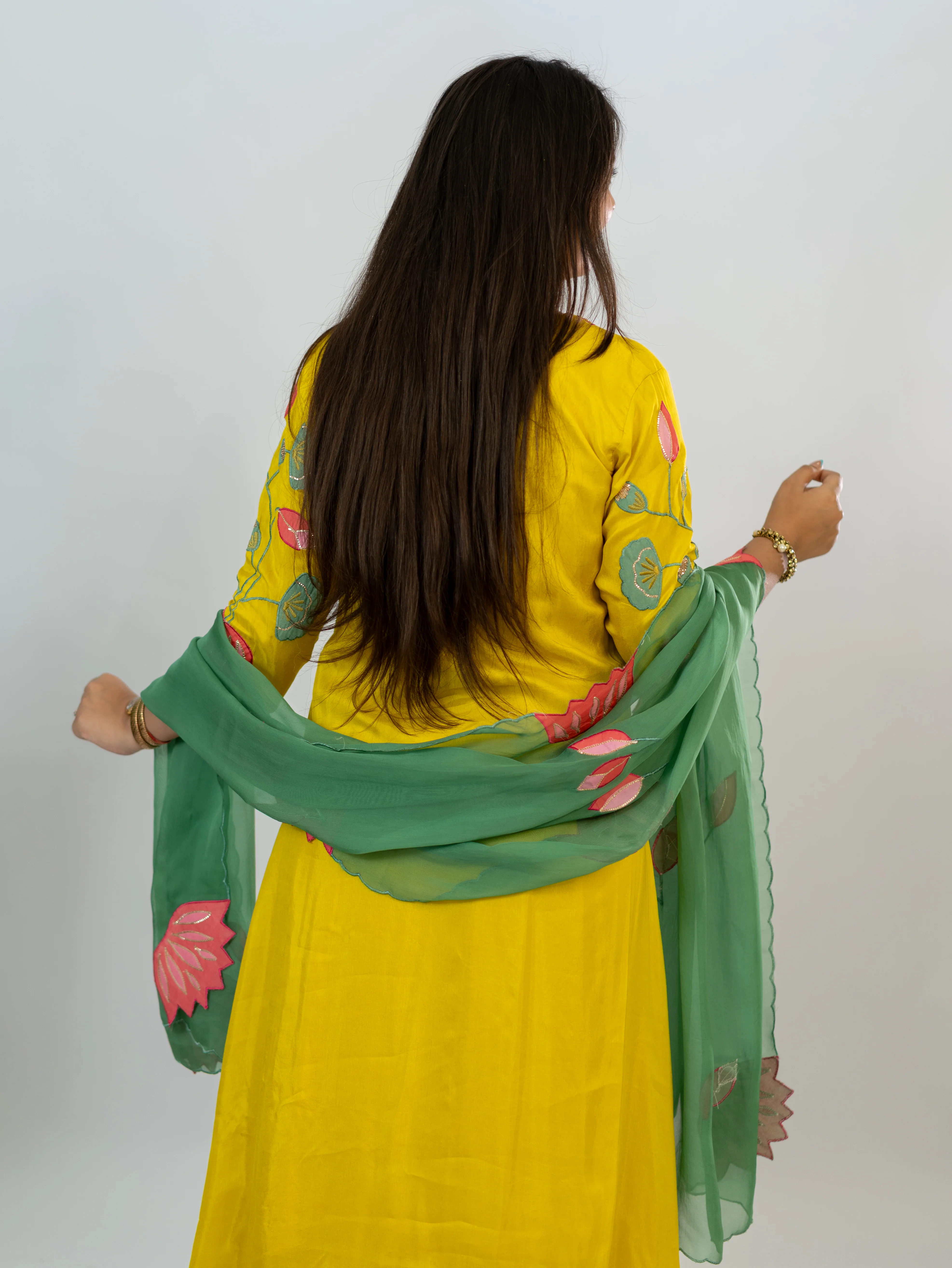 Kiara Yellow Russian Silk A-line Applique Deatiled Dupatta Set - Image 13