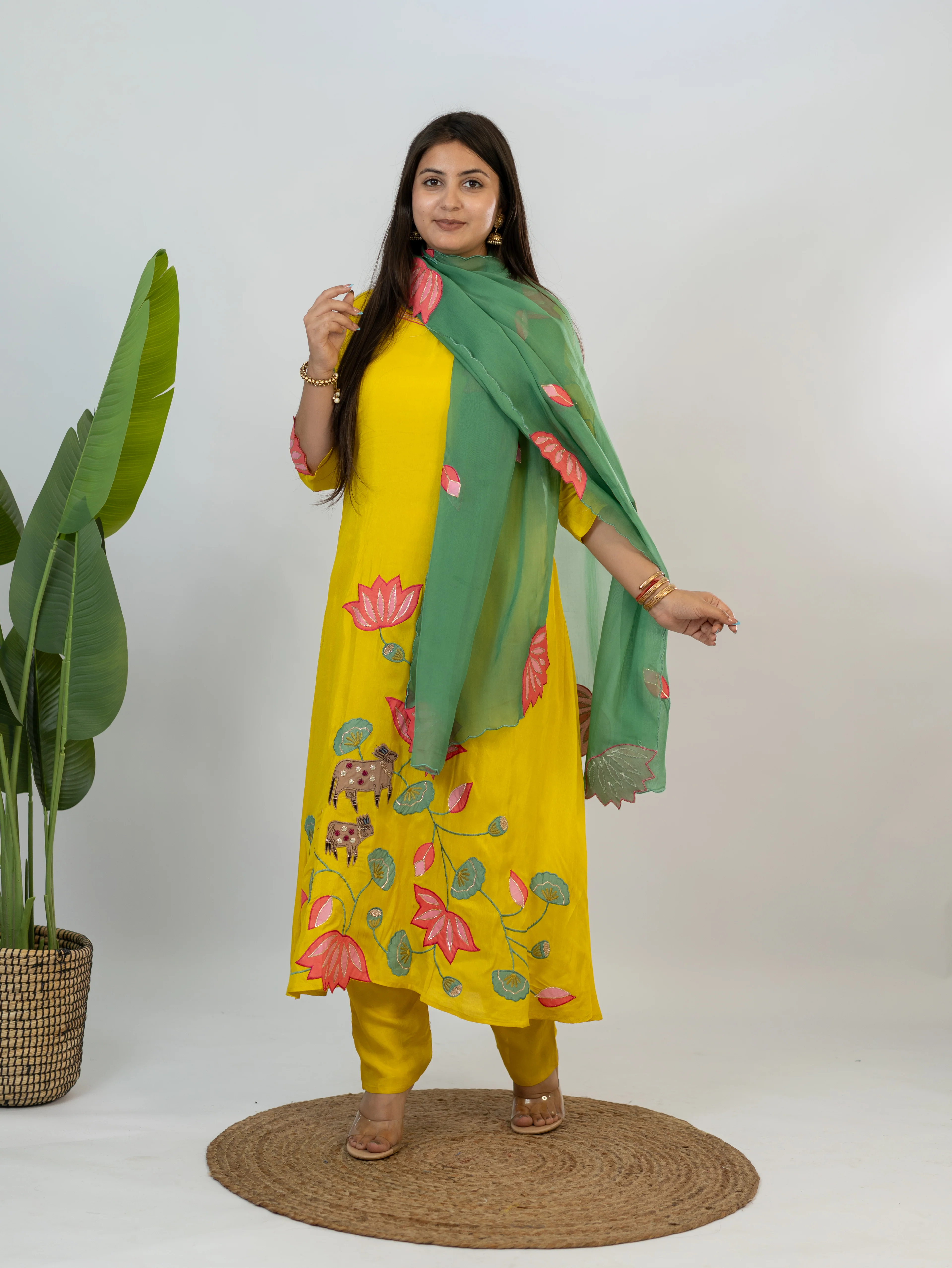 Kiara Yellow Russian Silk A-line Applique Deatiled Dupatta Set - Image 3