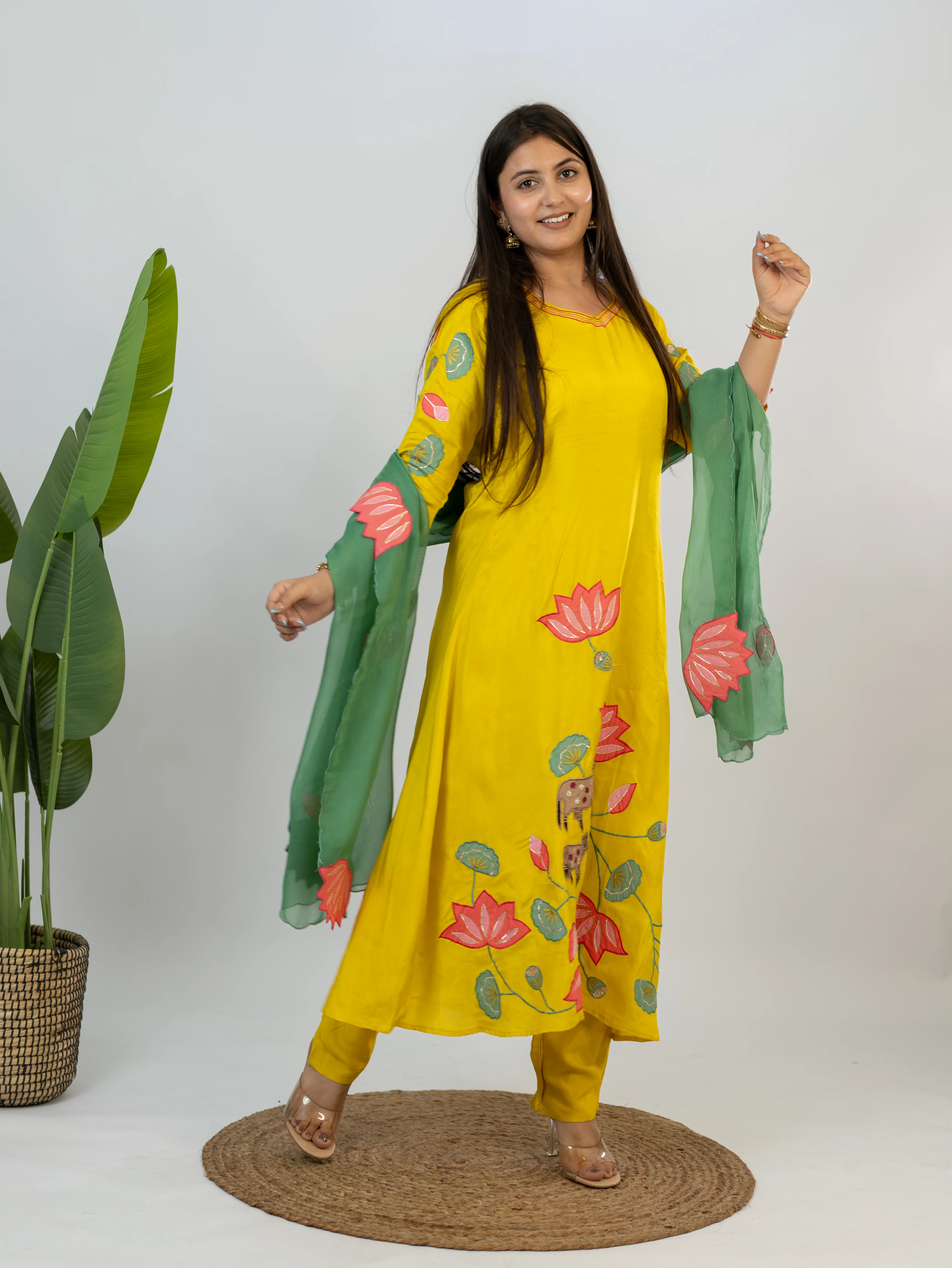Kiara Yellow Russian Silk A-line Applique Deatiled Dupatta Set - Image 4