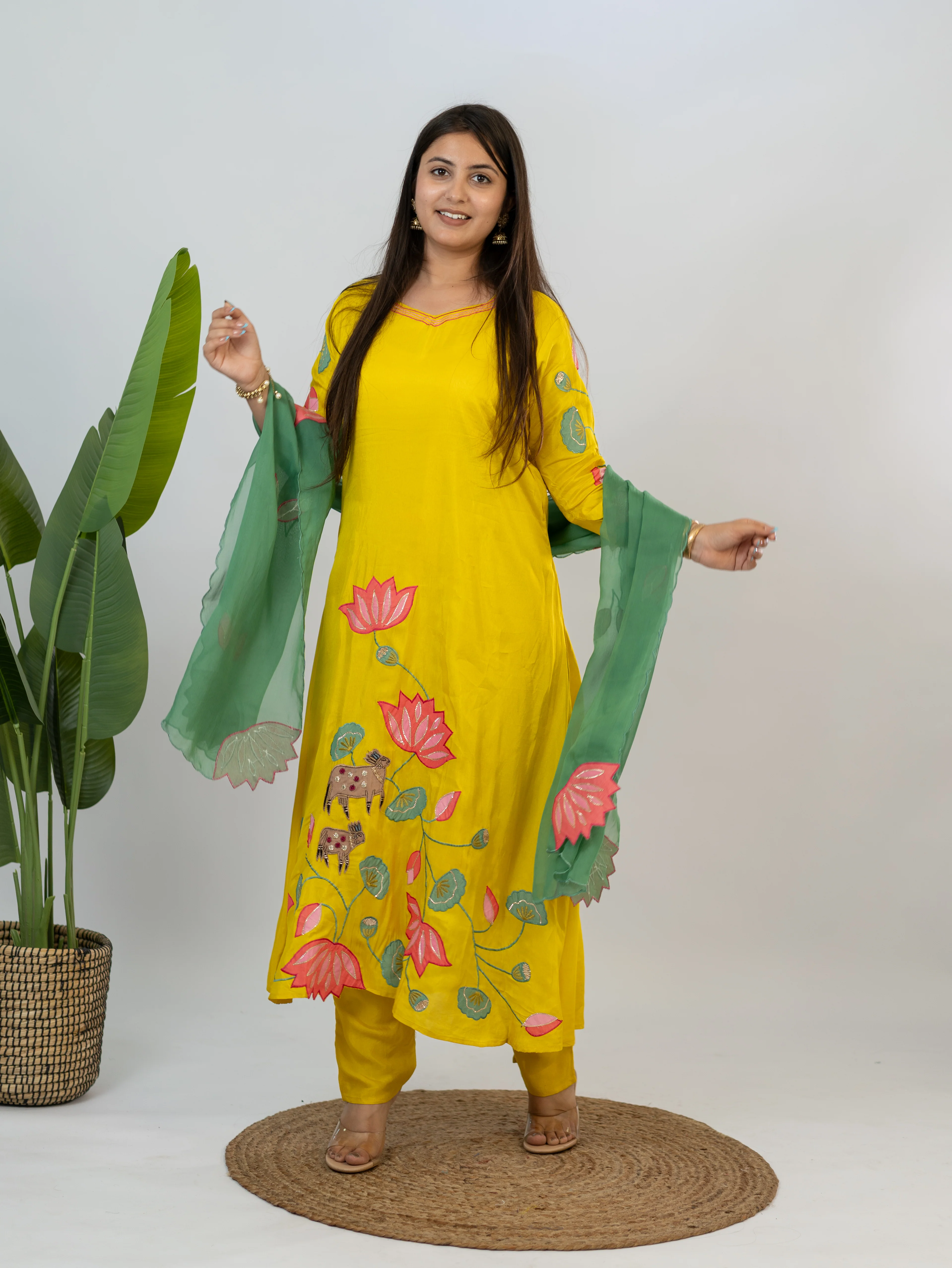 Kiara Yellow Russian Silk A-line Applique Deatiled Dupatta Set - Image 5