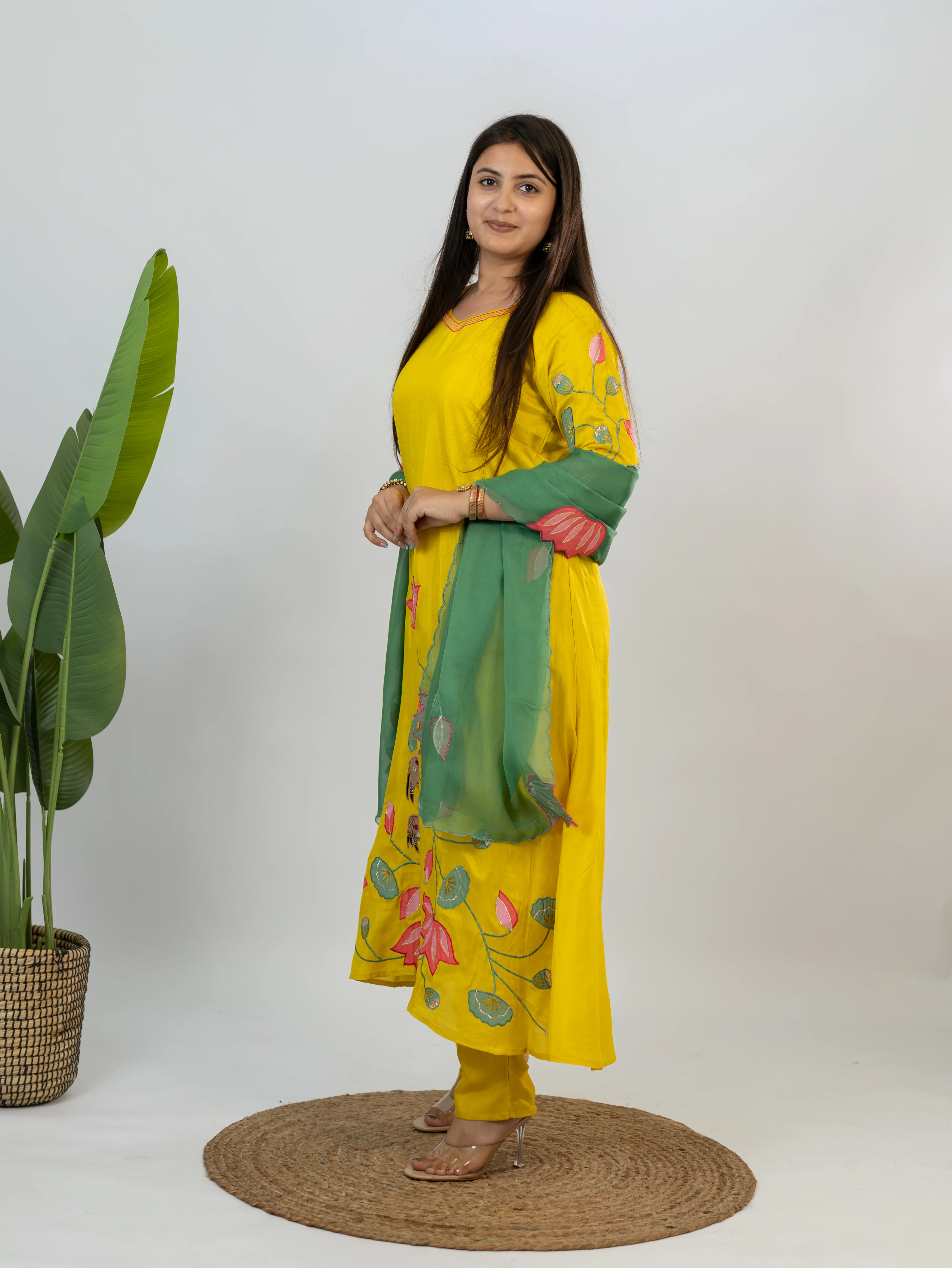 Kiara Yellow Russian Silk A-line Applique Deatiled Dupatta Set - Image 6