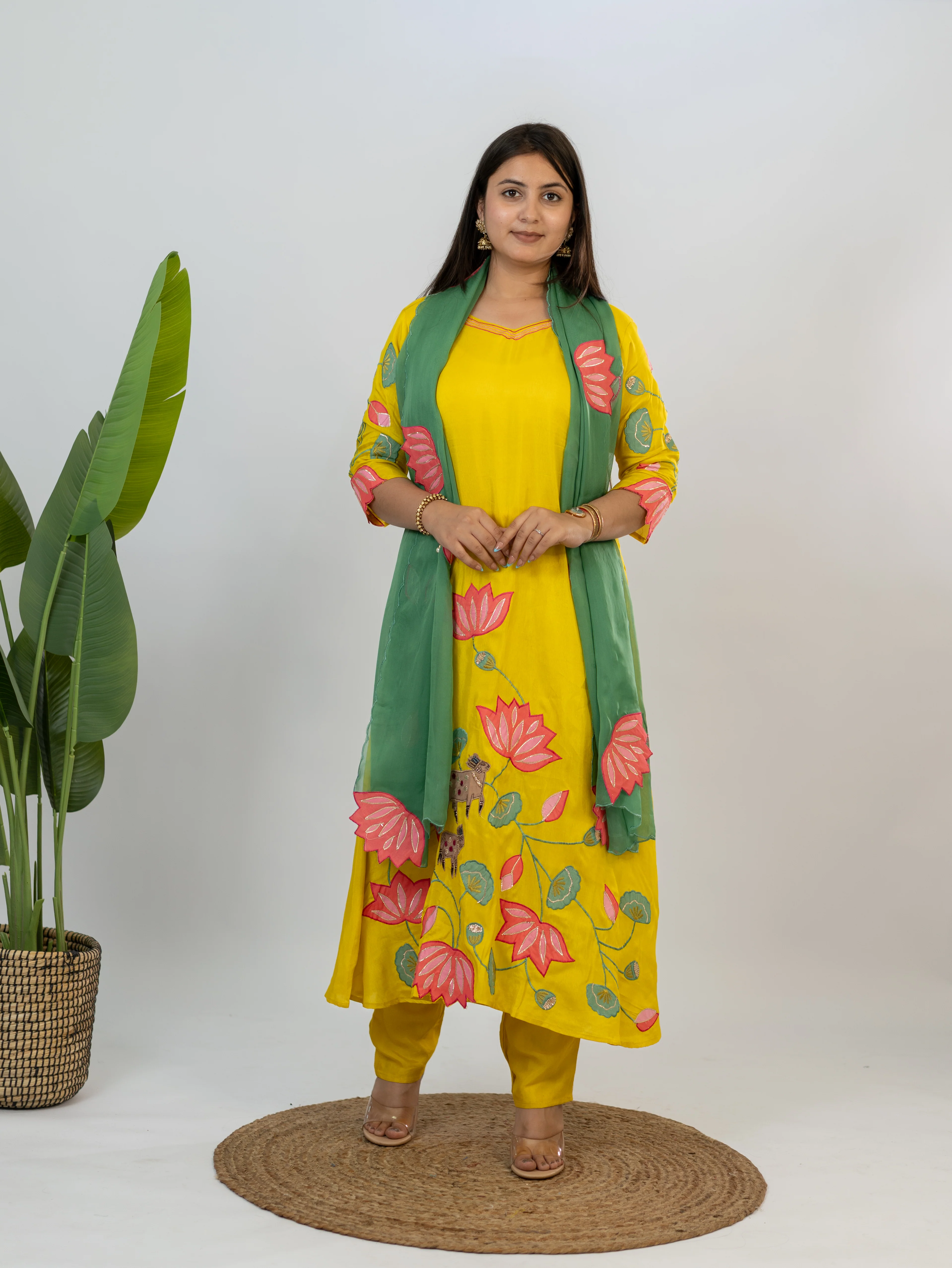 Kiara Yellow Russian Silk A-line Applique Deatiled Dupatta Set - Image 7