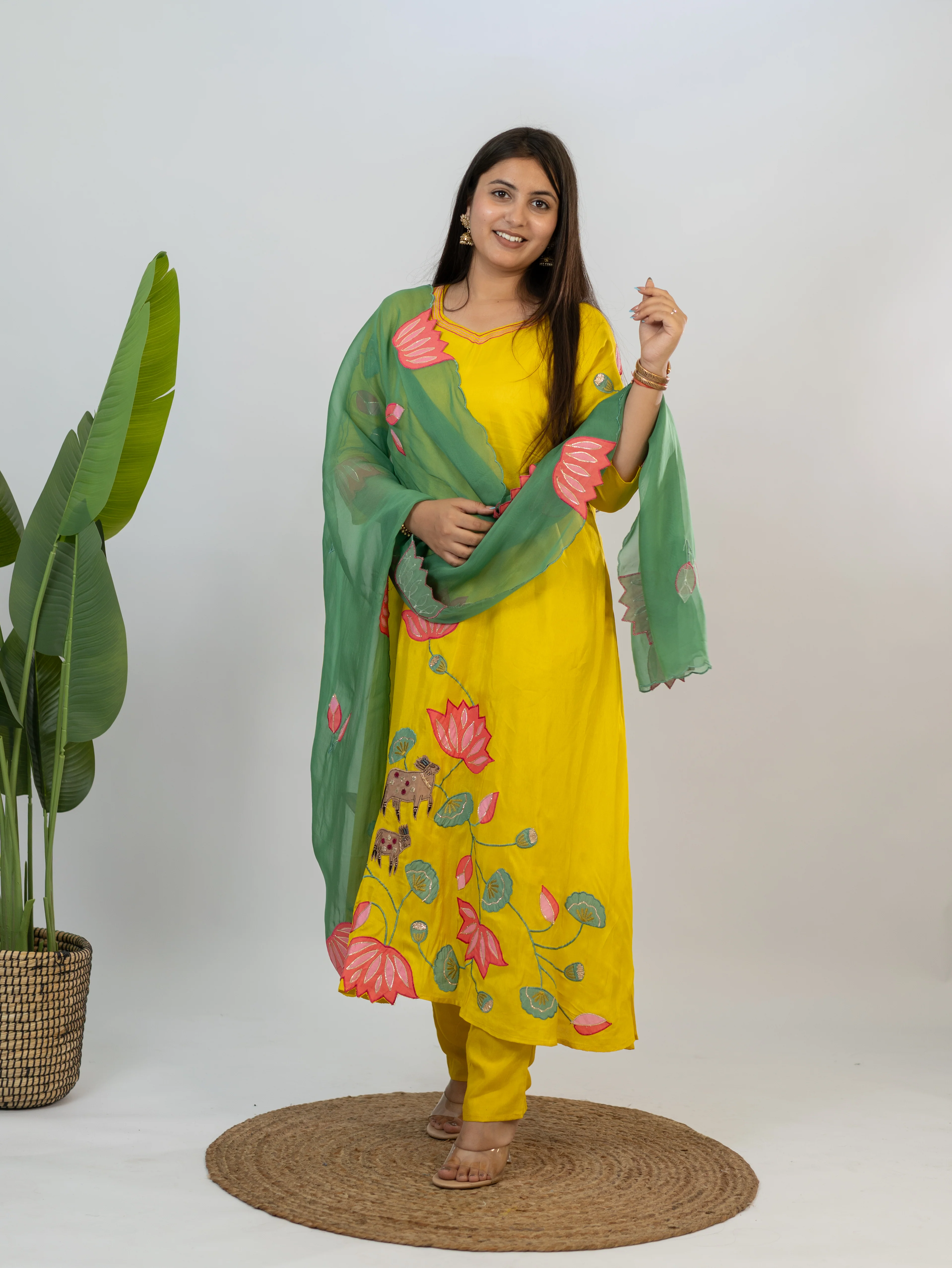 Kiara Yellow Russian Silk A-line Applique Deatiled Dupatta Set - Image 8