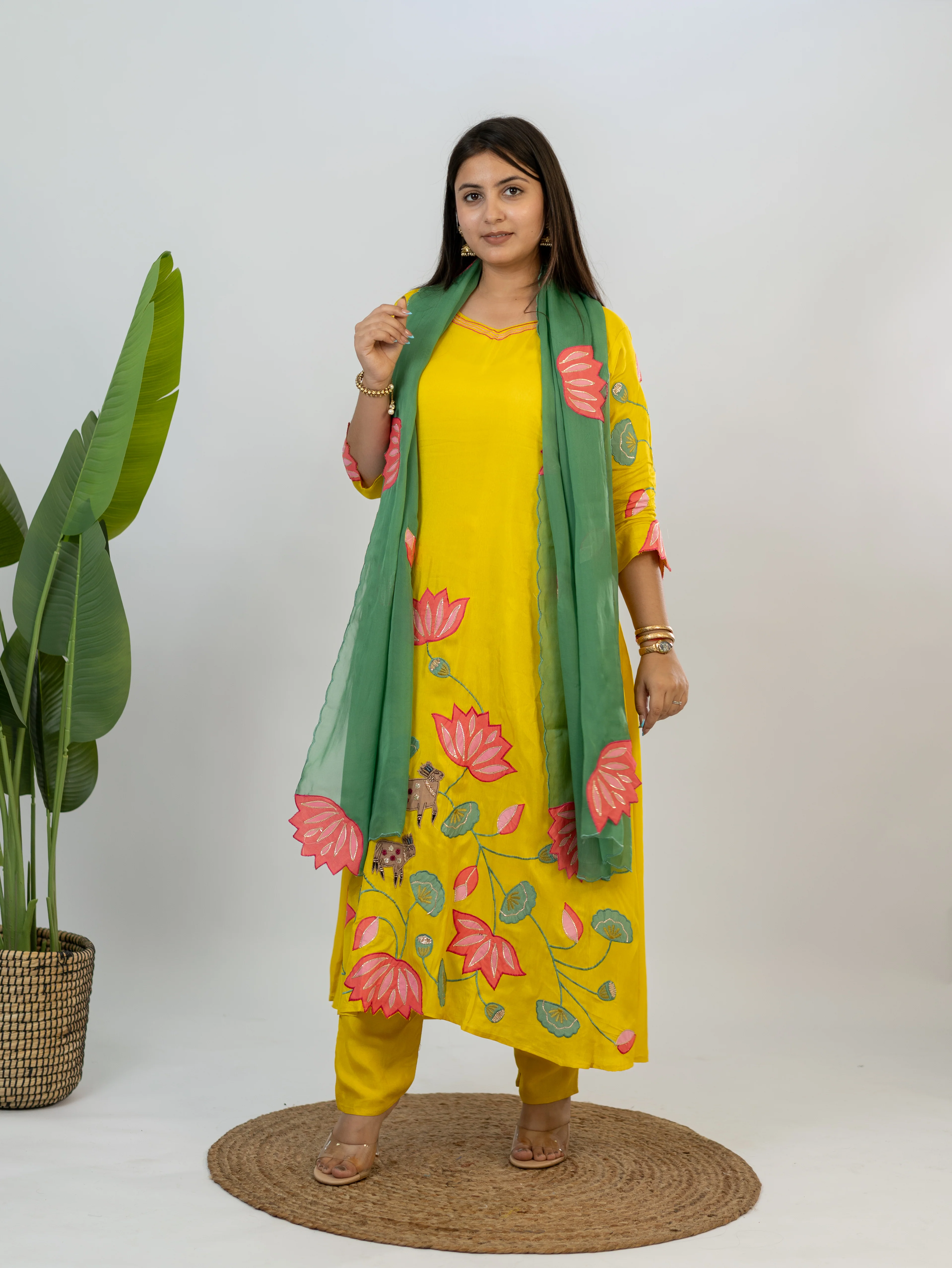 Kiara Yellow Russian Silk A-line Applique Deatiled Dupatta Set - Image 9