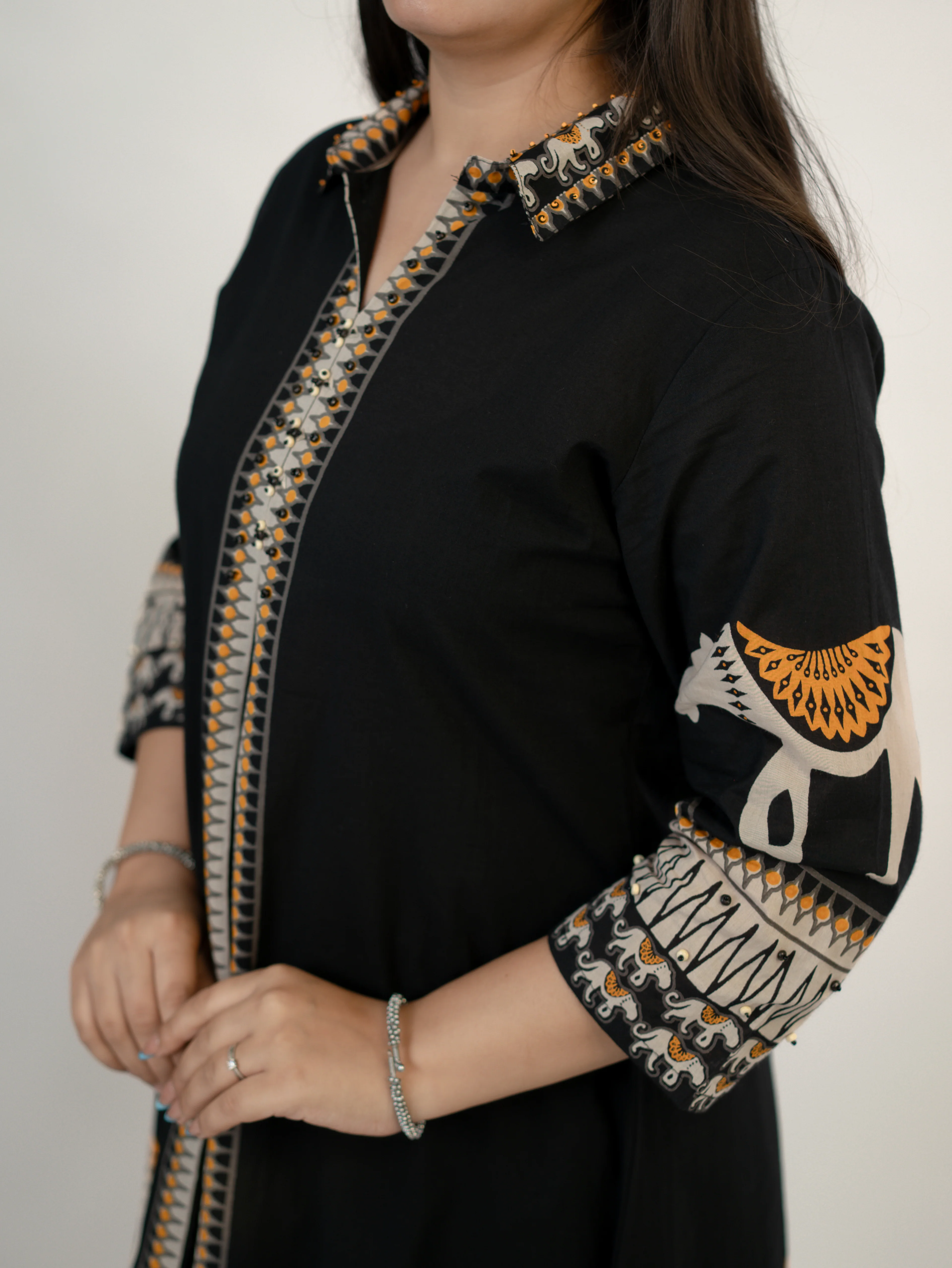 Kiara Black Tribal Bagh Cotton BeadWork Kurta Set - Image 9
