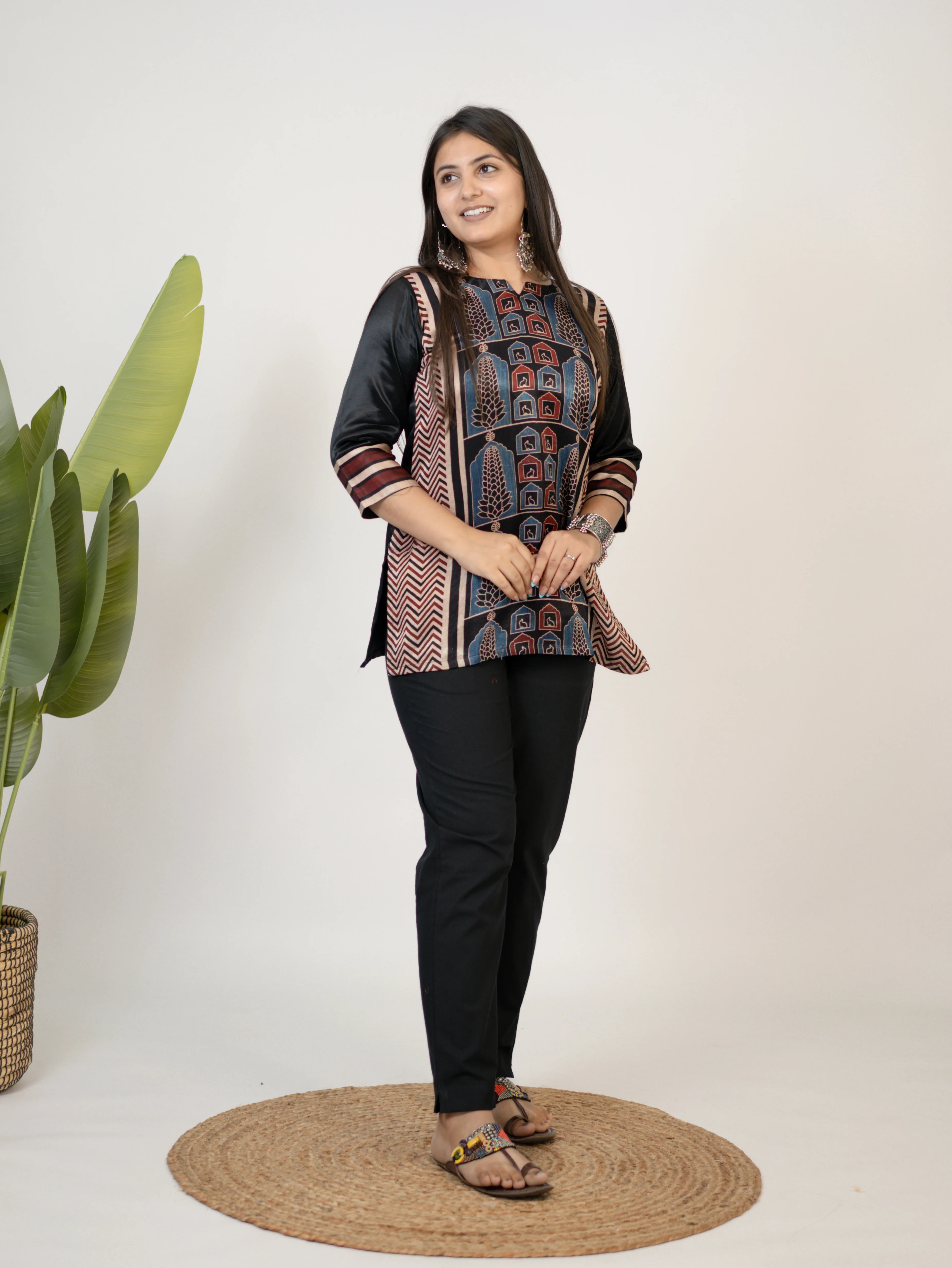 Kinjal Black Designer Mashru Silk Ajrakh Short Top - Image 3