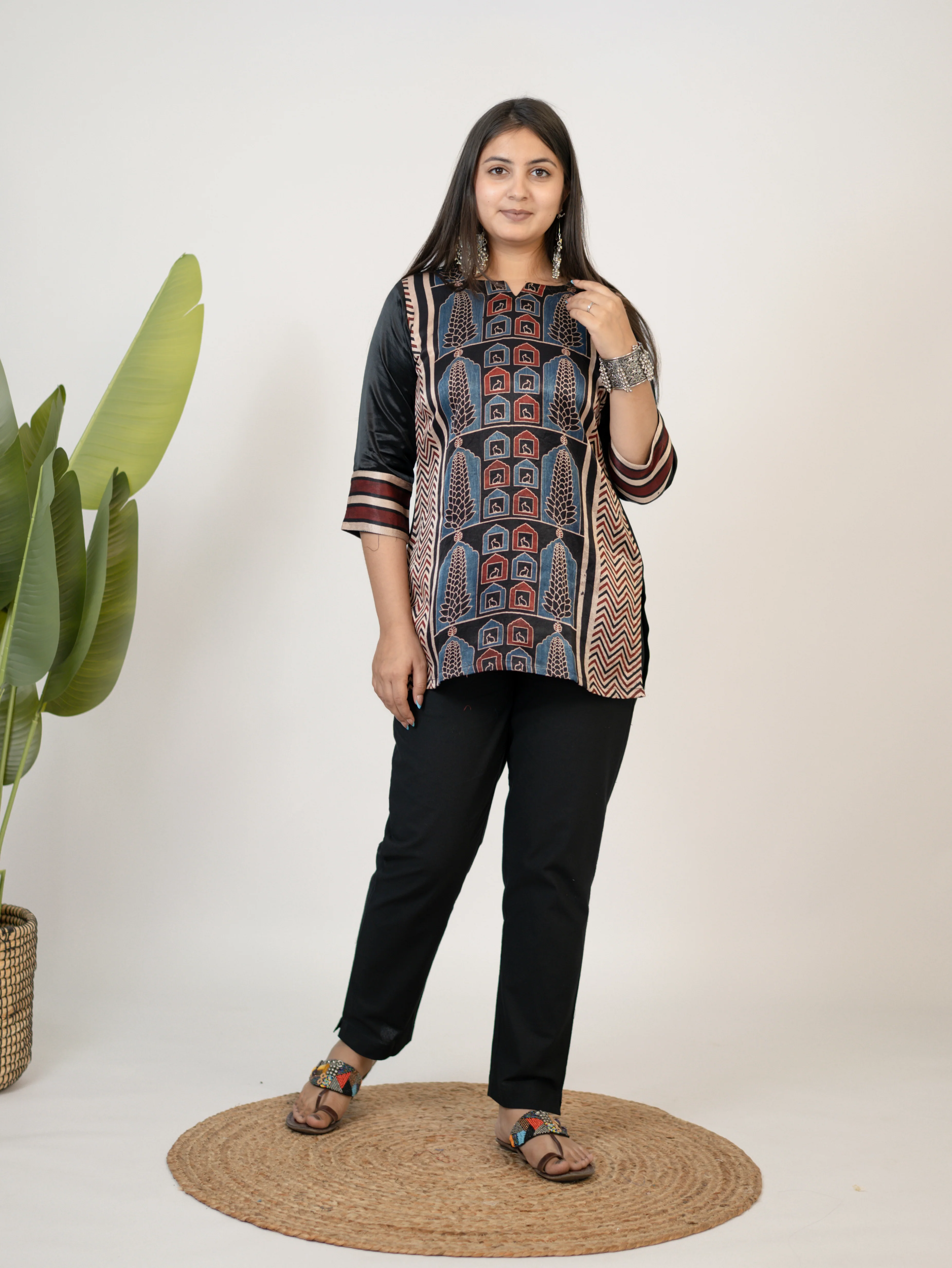 Kinjal Black Designer Mashru Silk Ajrakh Short Top - Image 4