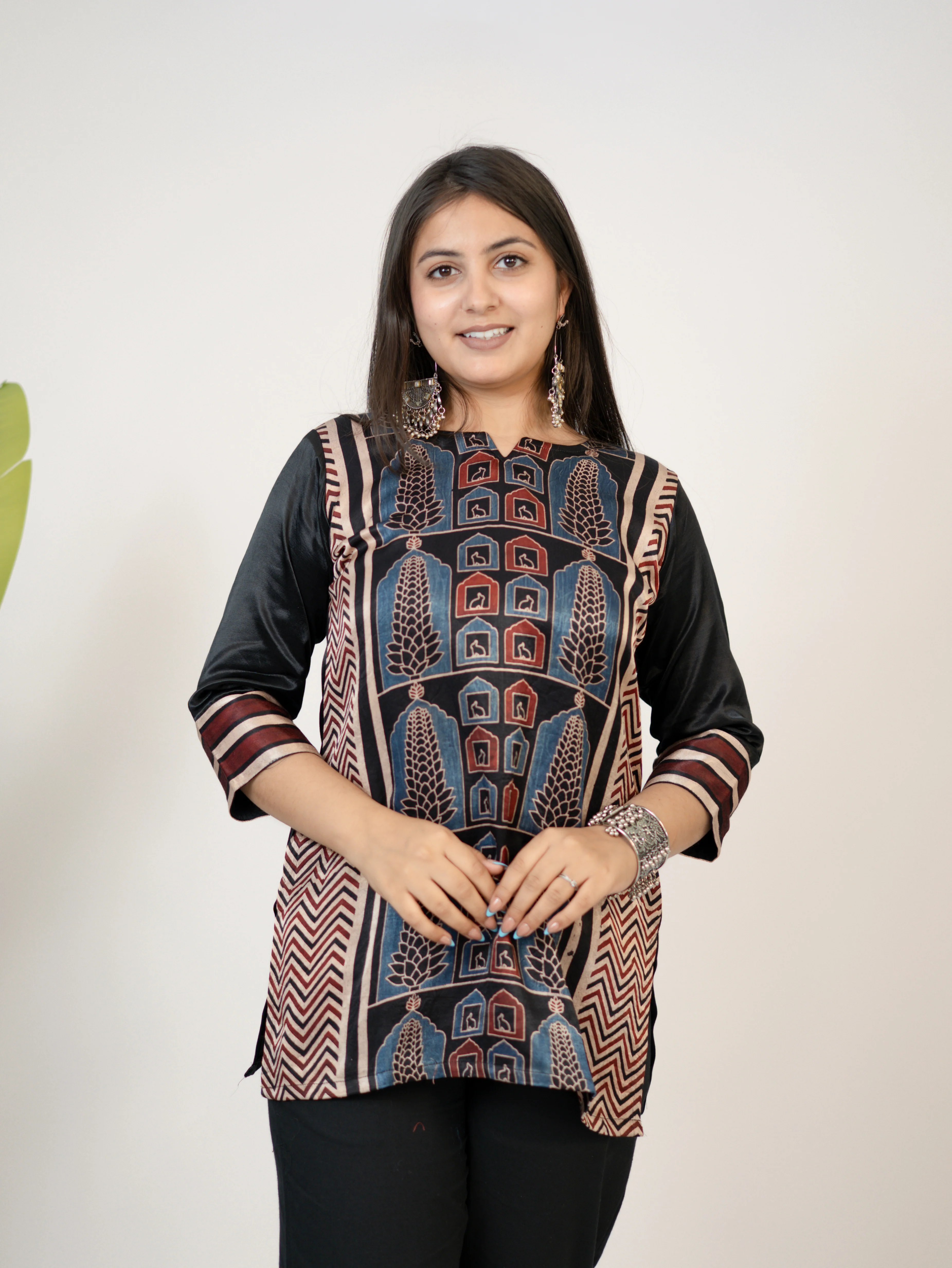 Kinjal Black Designer Mashru Silk Ajrakh Short Top - Image 5