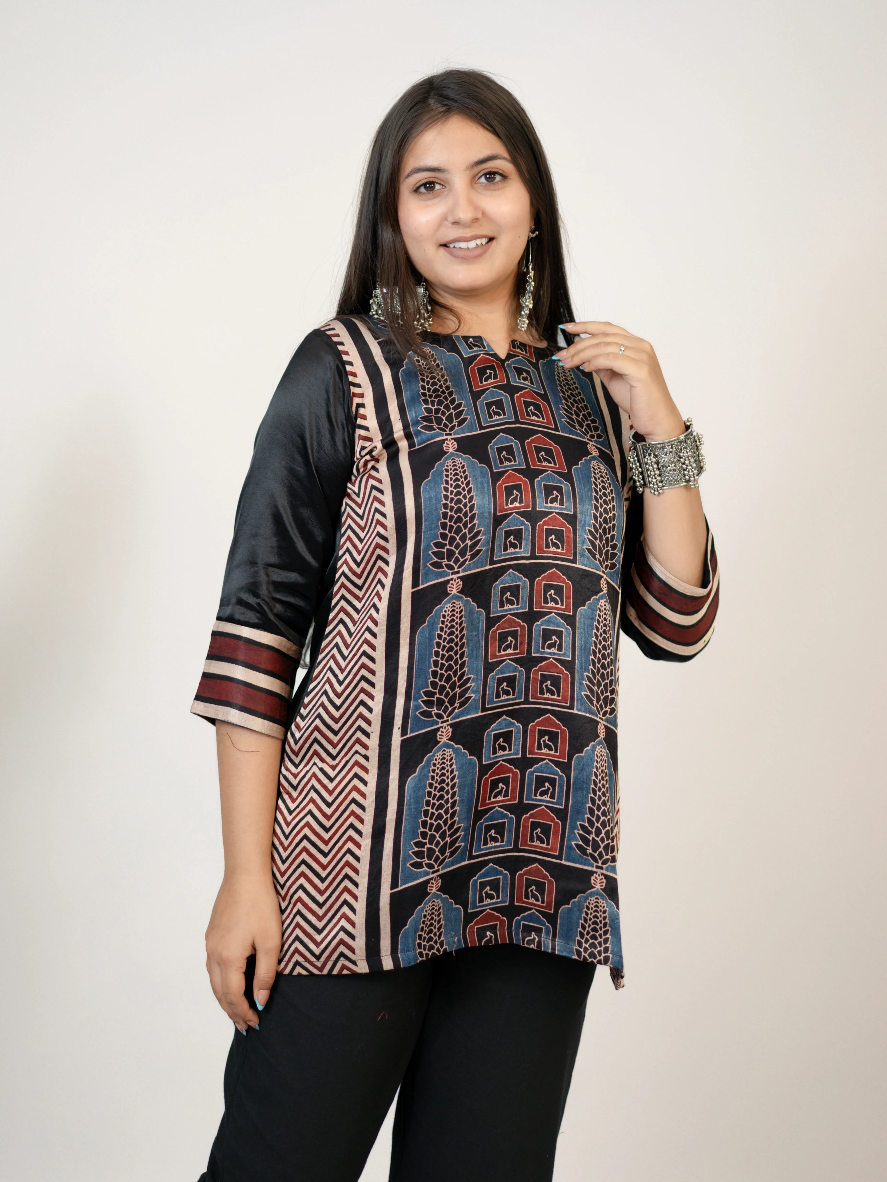 Kinjal Black Designer Mashru Silk Ajrakh Short Top - Image 6