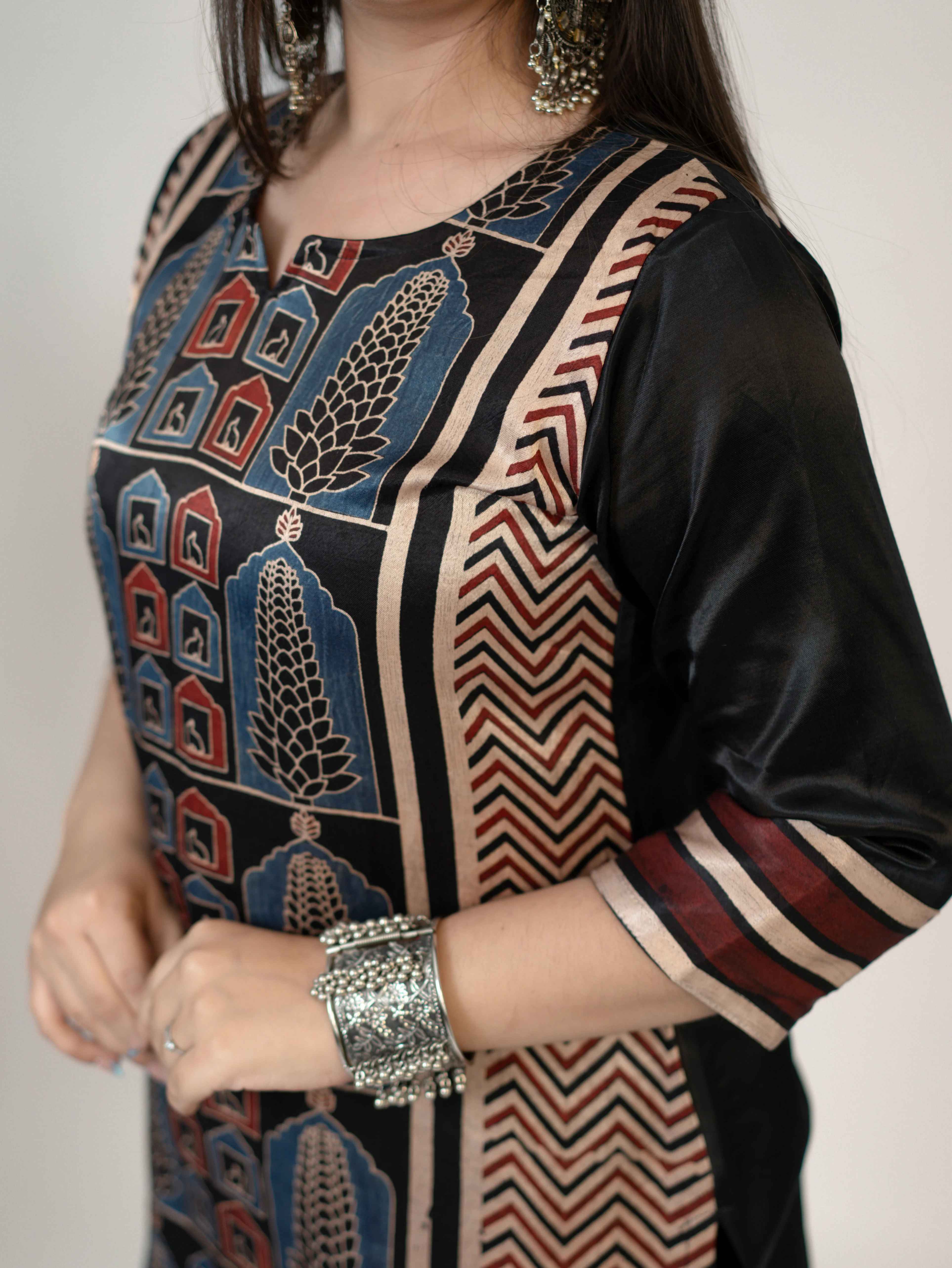 Kinjal Black Designer Mashru Silk Ajrakh Short Top - Image 7