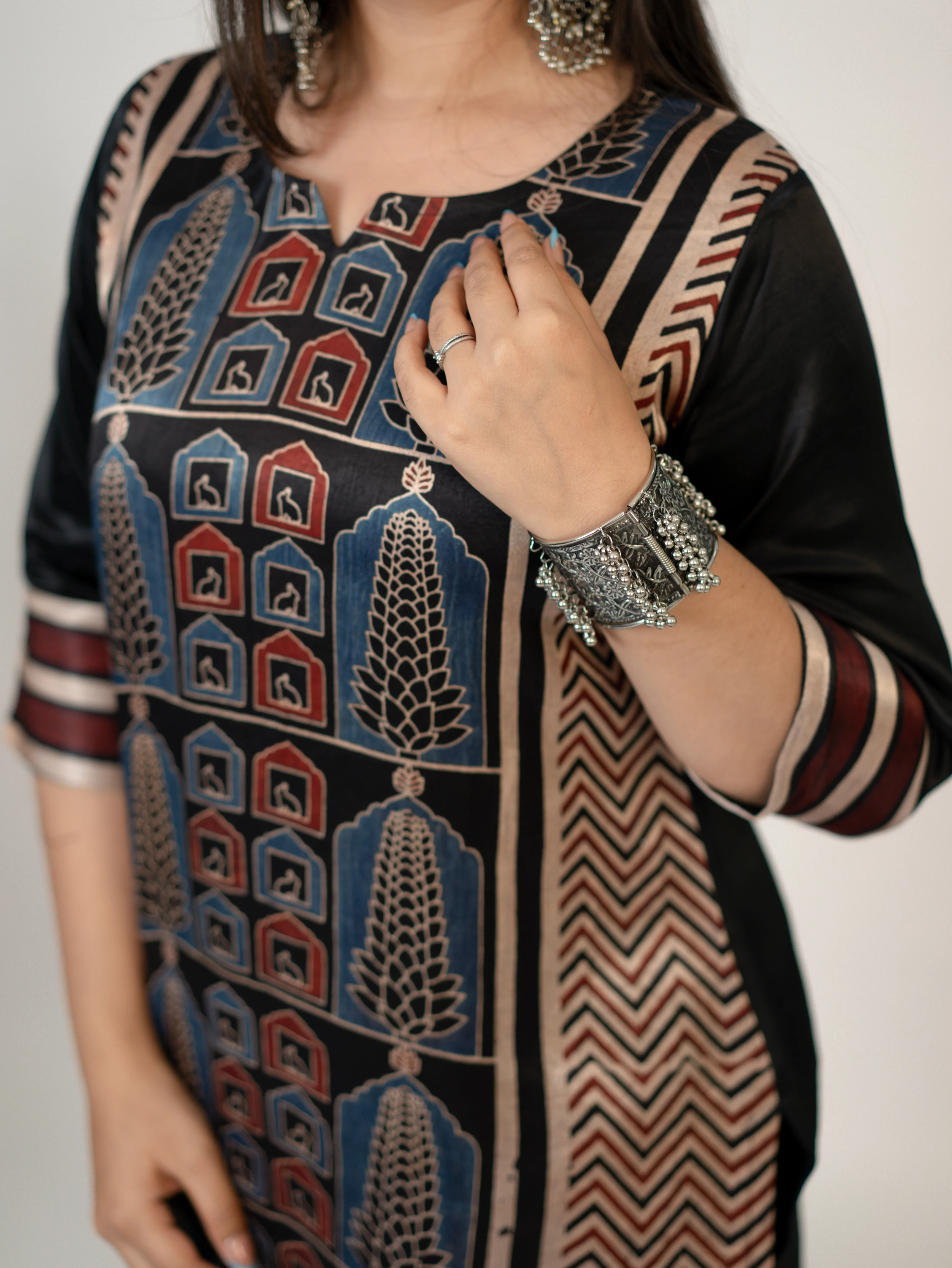 Kinjal Black Designer Mashru Silk Ajrakh Short Top - Image 8
