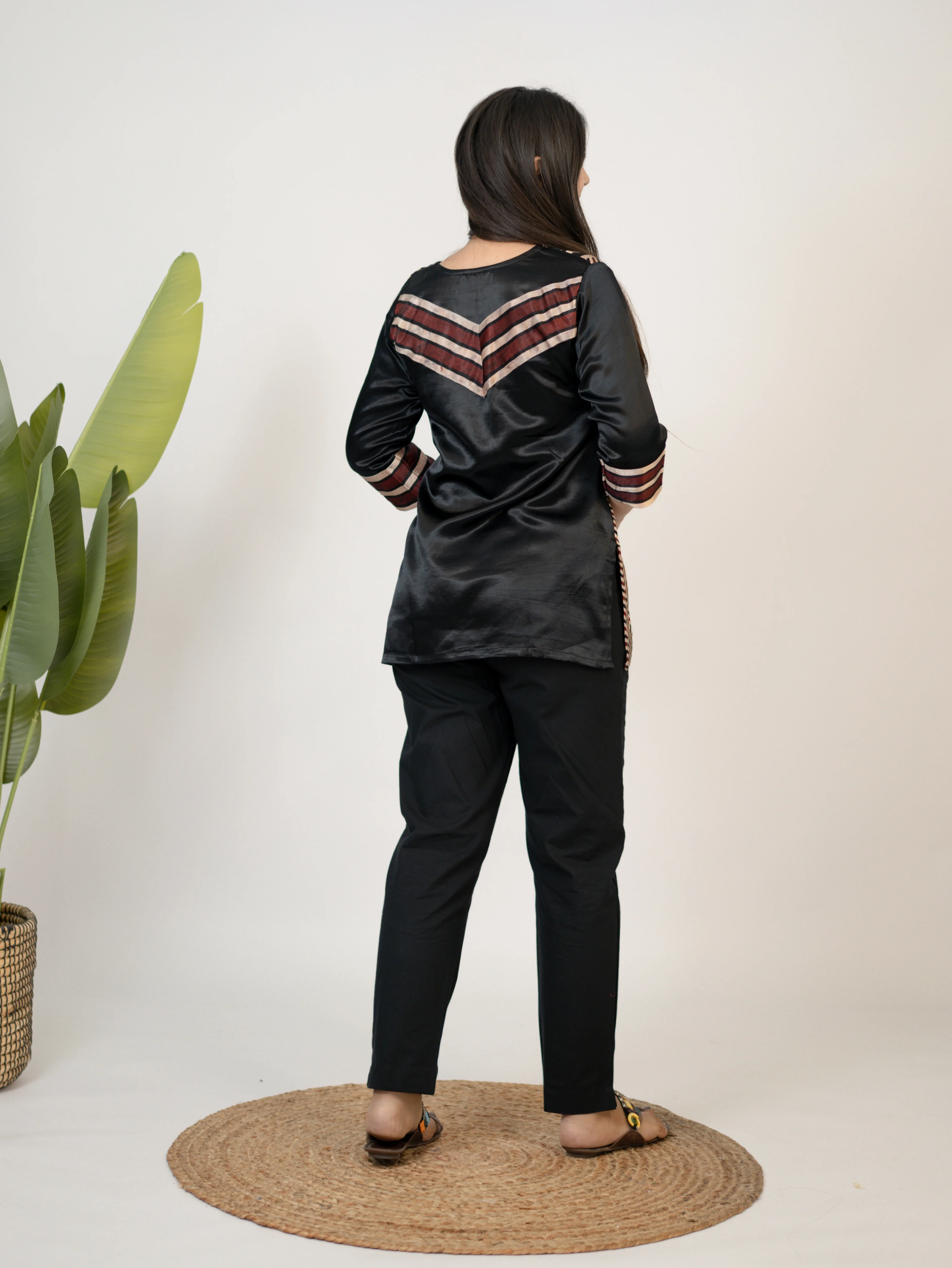 Kinjal Black Designer Mashru Silk Ajrakh Short Top - Image 9