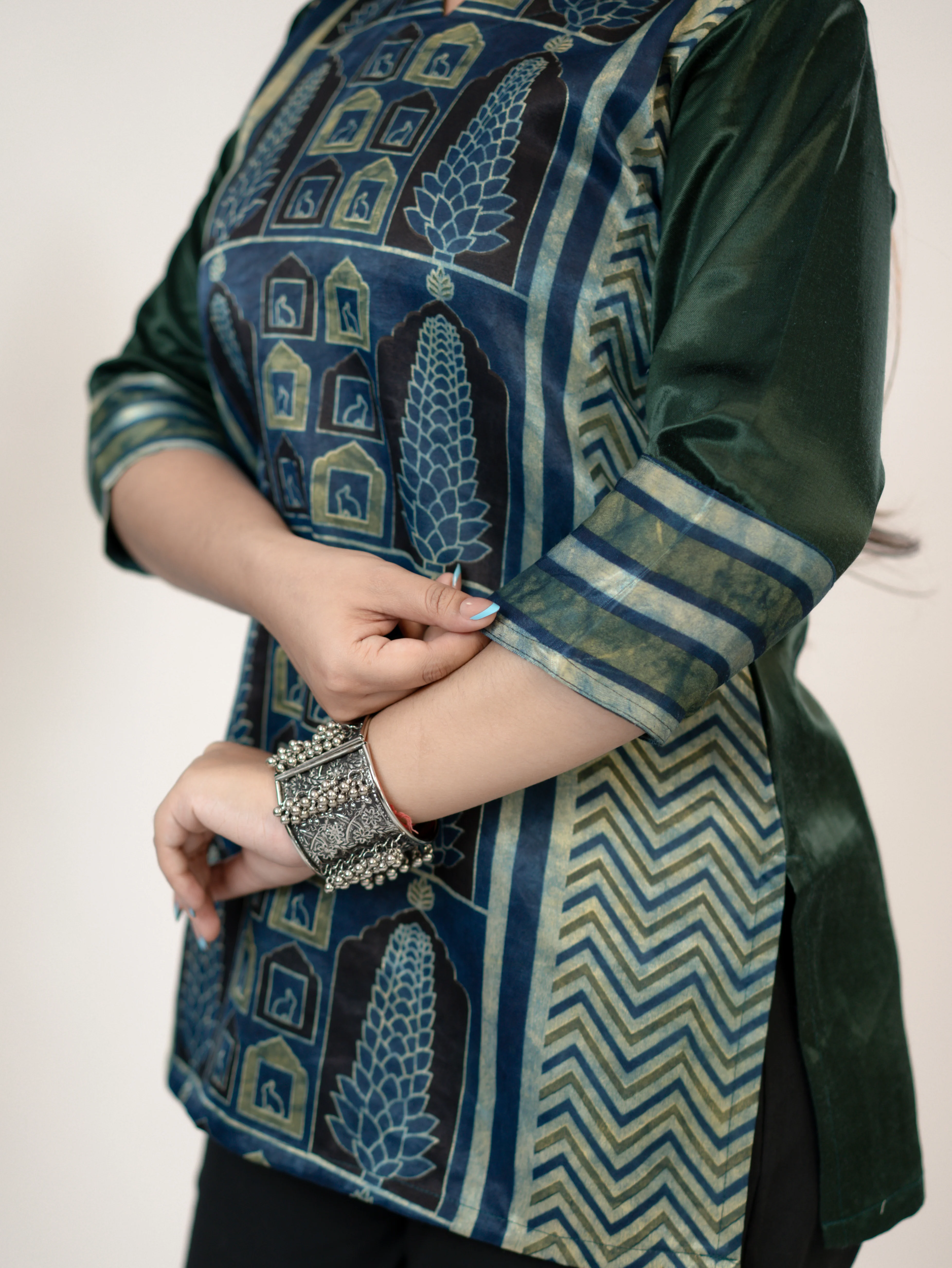 Kinjal Green Designer Mashru Silk Ajrakh Short Top - Image 10