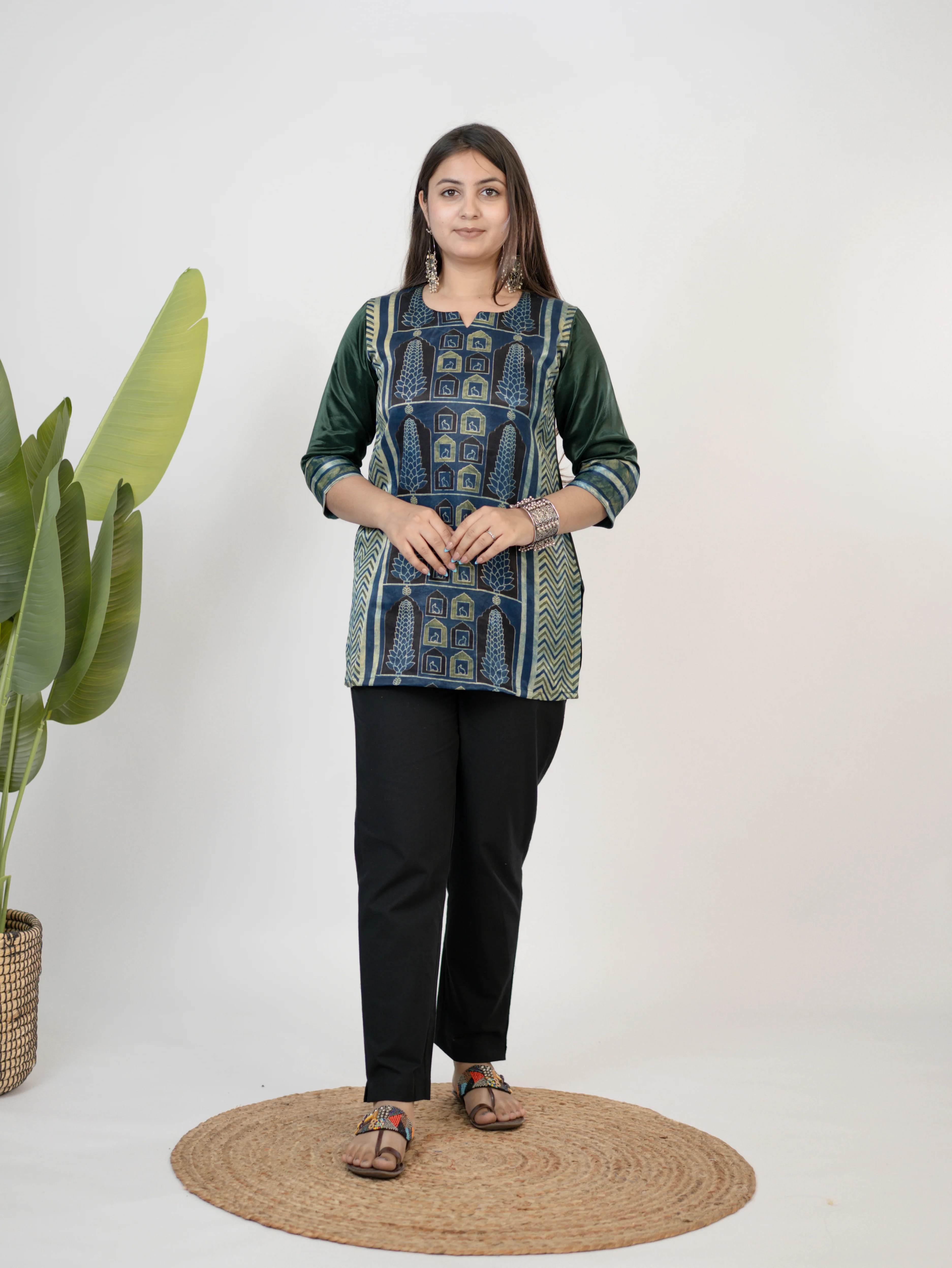 Kinjal Green Designer Mashru Silk Ajrakh Short Top - Image 11