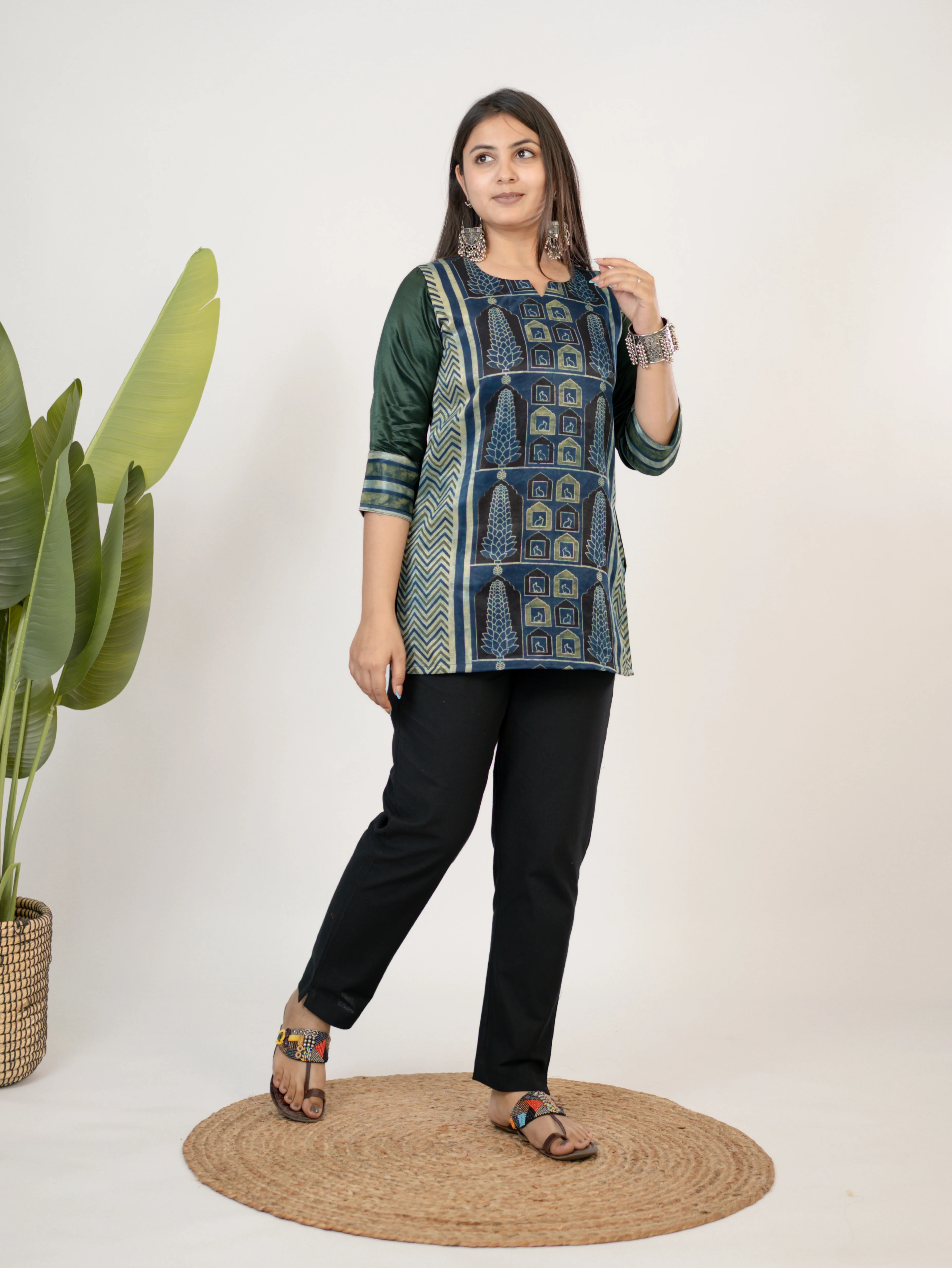 Kinjal Green Designer Mashru Silk Ajrakh Short Top - Image 3
