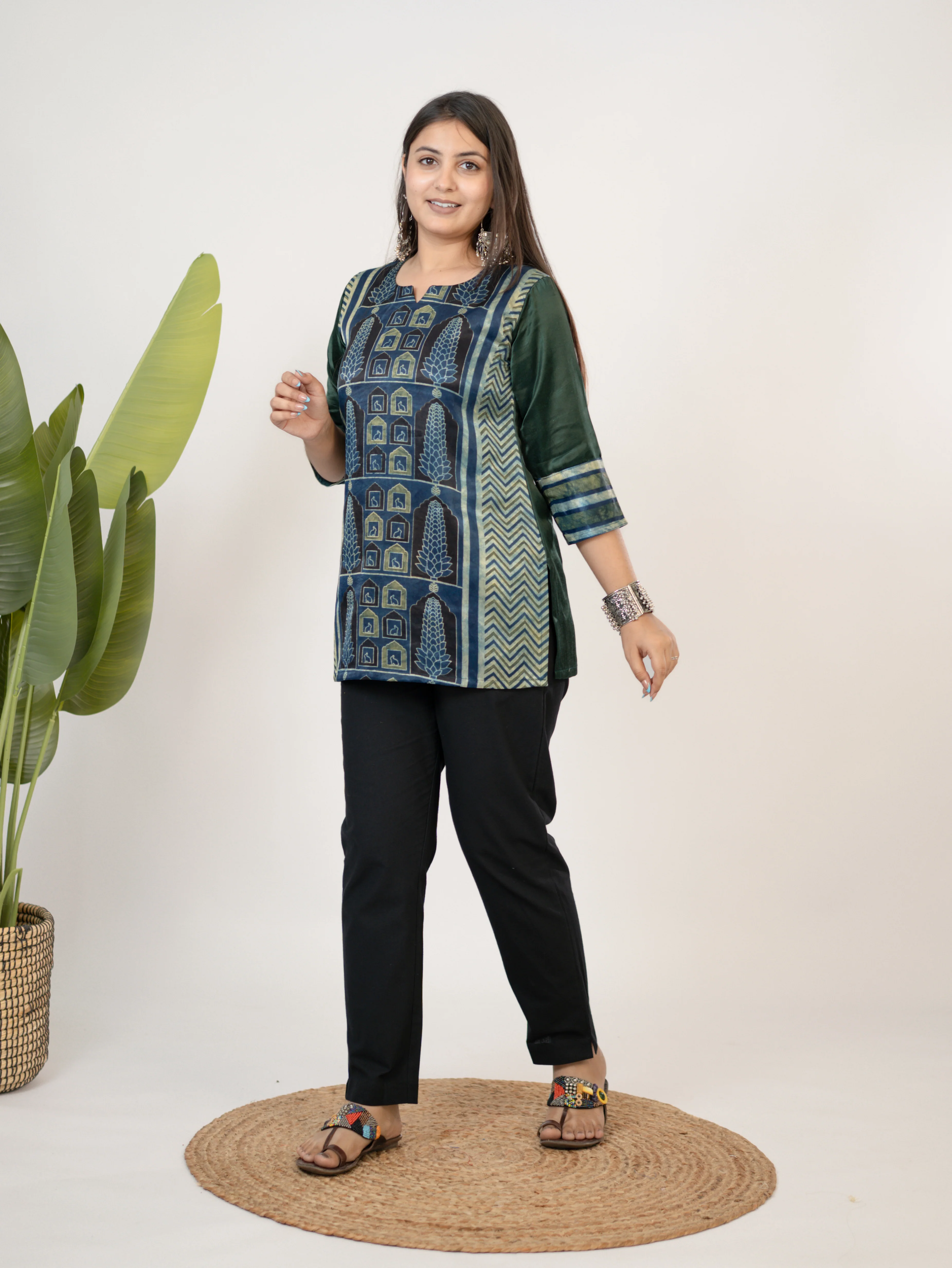 Kinjal Green Designer Mashru Silk Ajrakh Short Top - Image 4