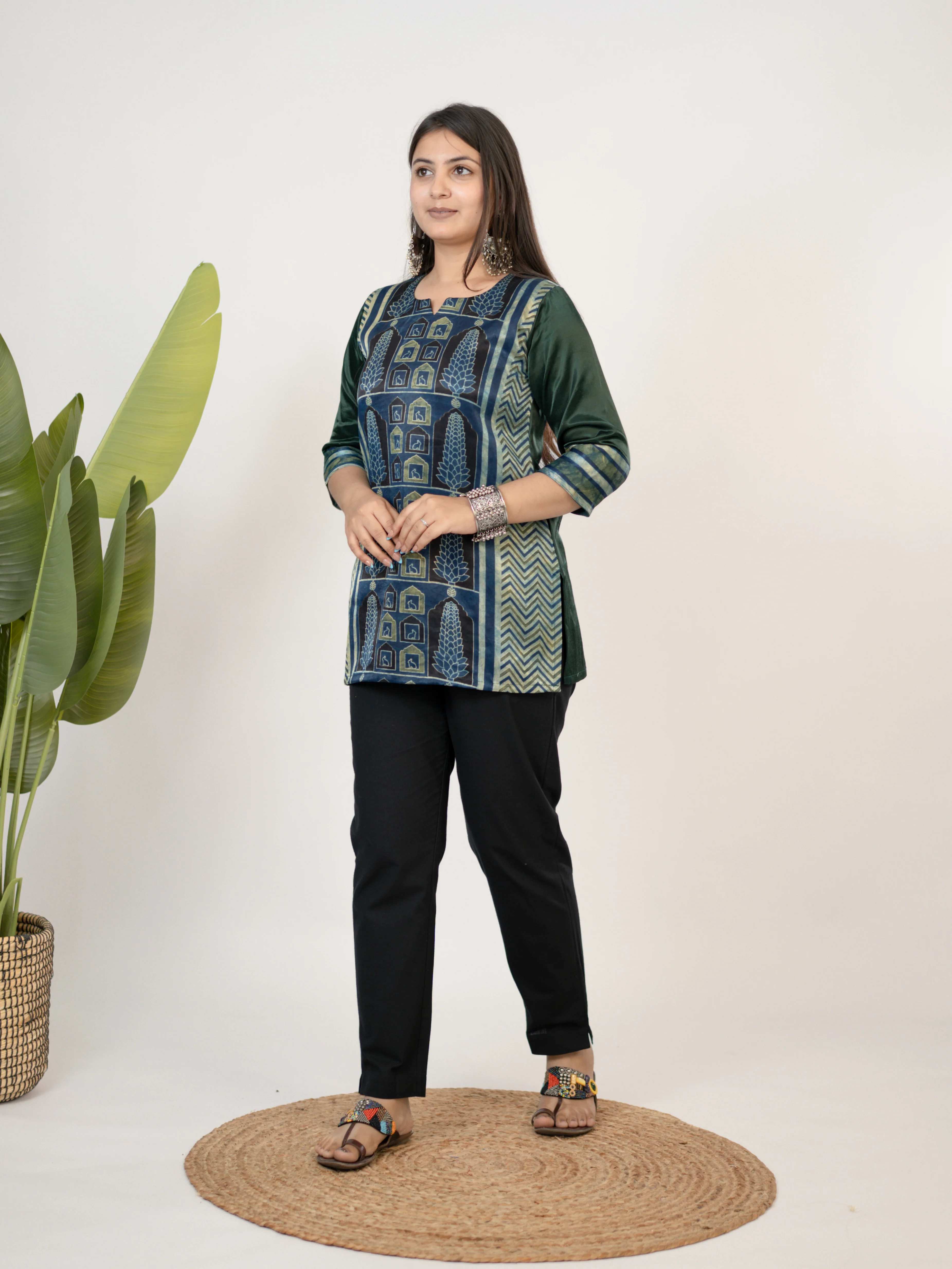 Kinjal Green Designer Mashru Silk Ajrakh Short Top - Image 5