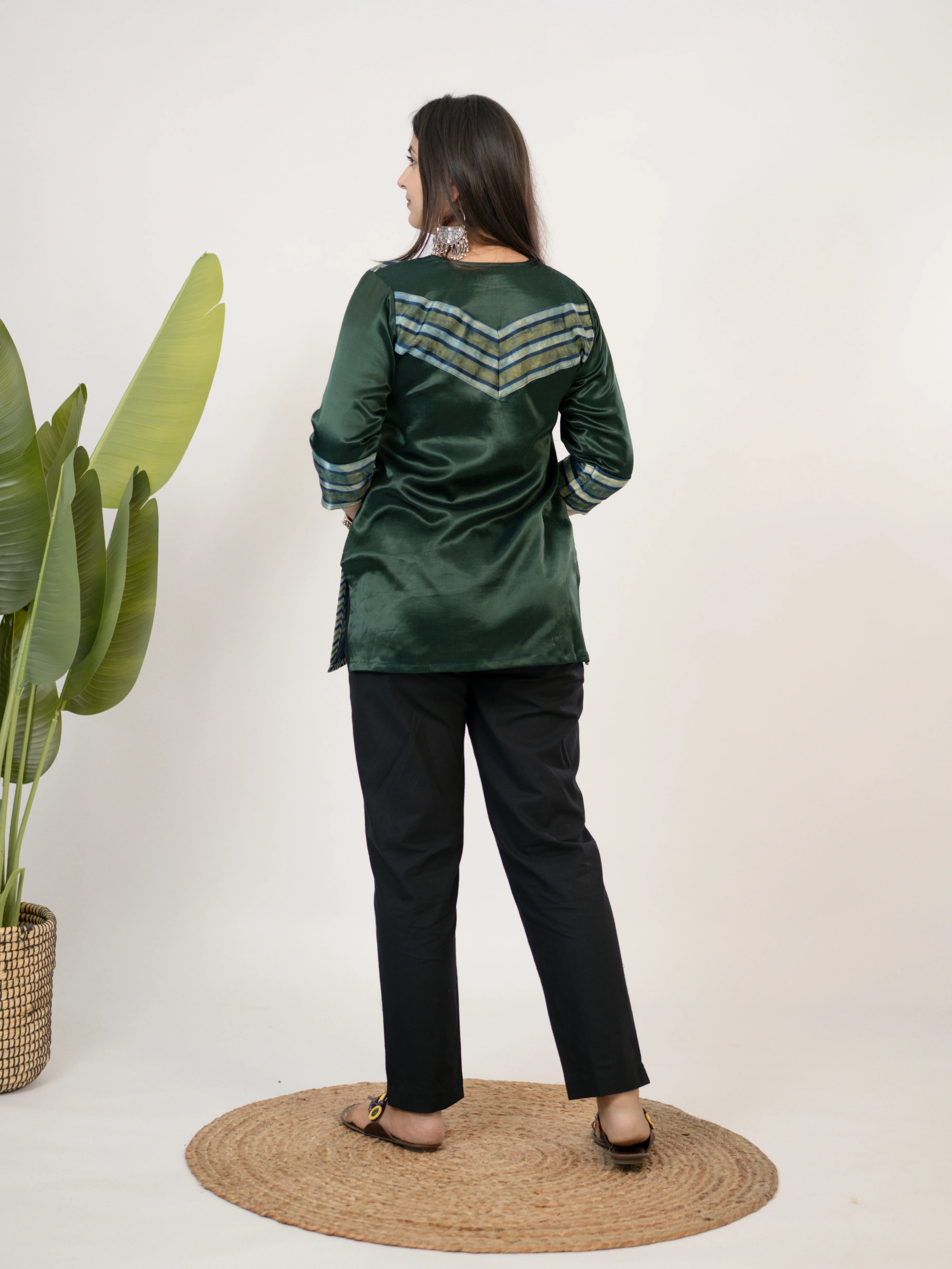 Kinjal Green Designer Mashru Silk Ajrakh Short Top - Image 6