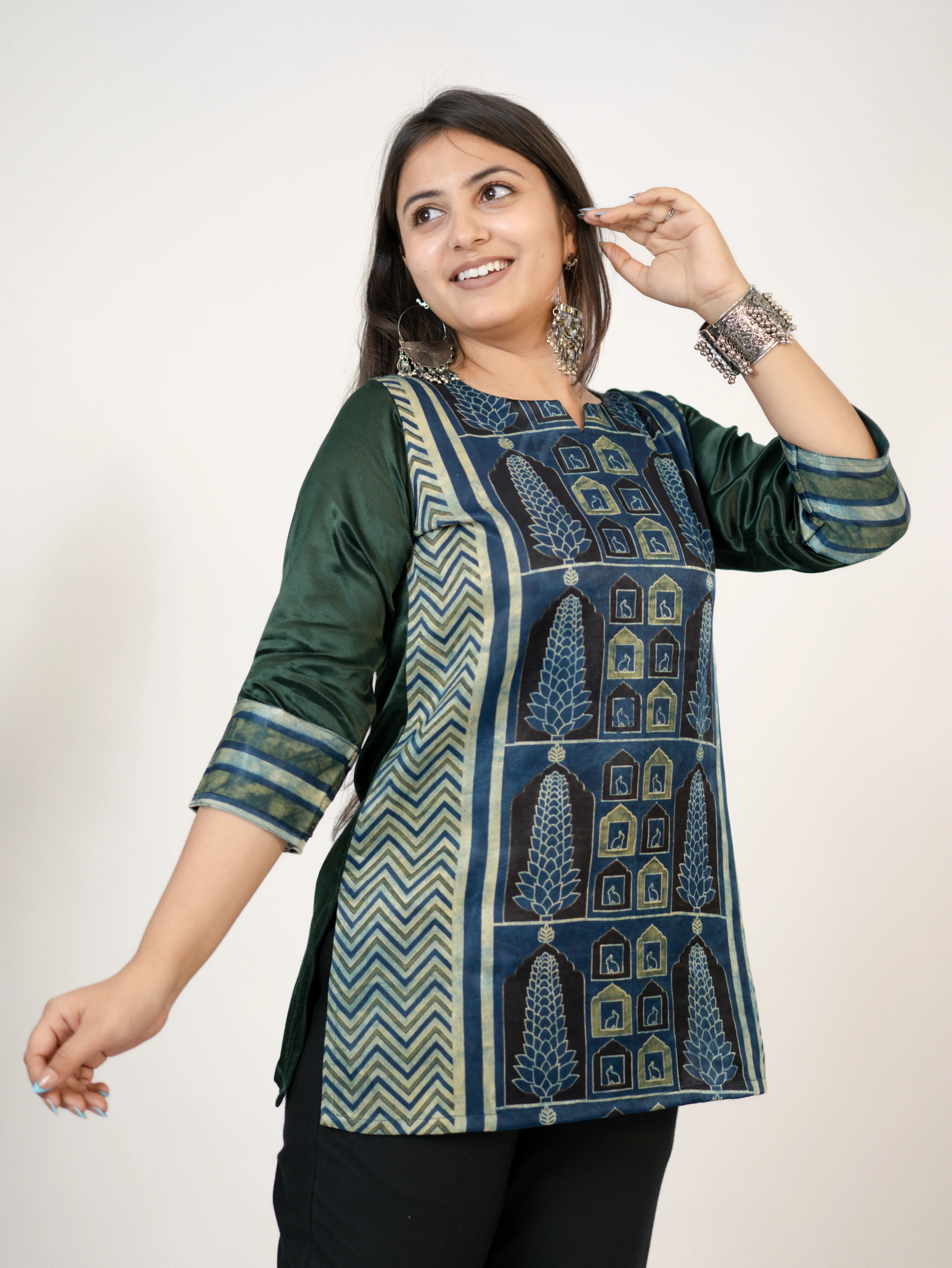 Kinjal Green Designer Mashru Silk Ajrakh Short Top - Image 7