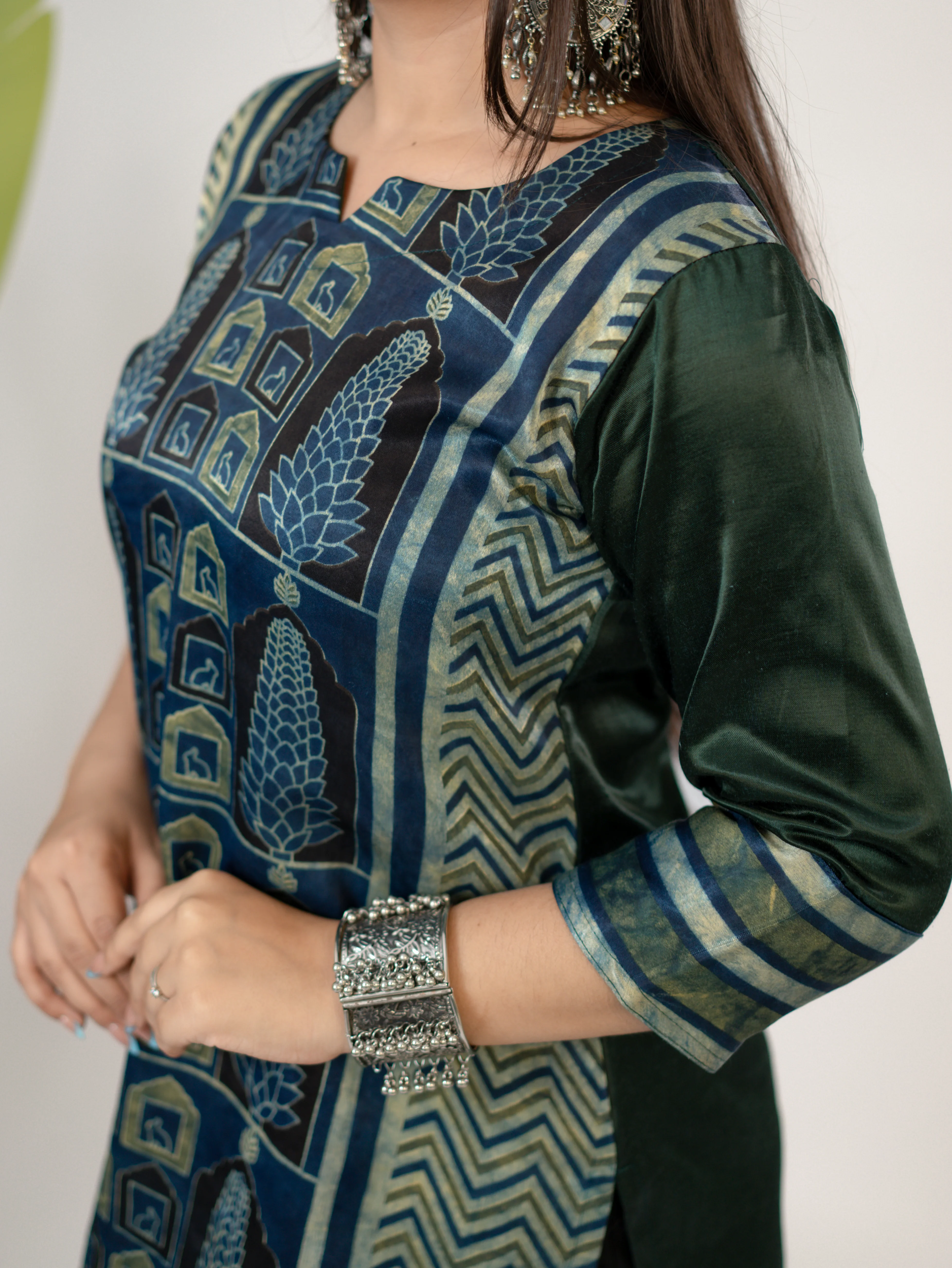Kinjal Green Designer Mashru Silk Ajrakh Short Top - Image 8