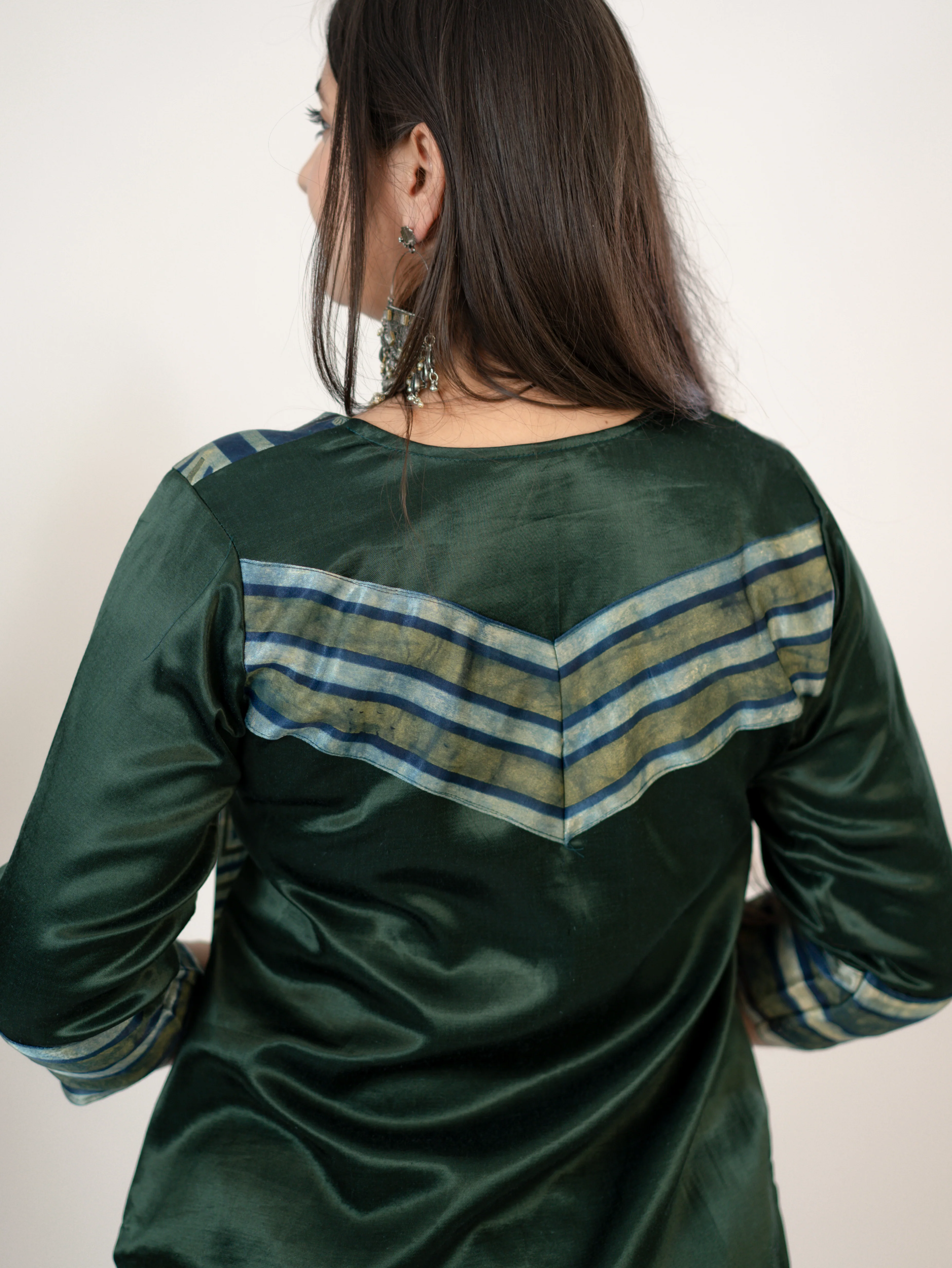 Kinjal Green Designer Mashru Silk Ajrakh Short Top - Image 9