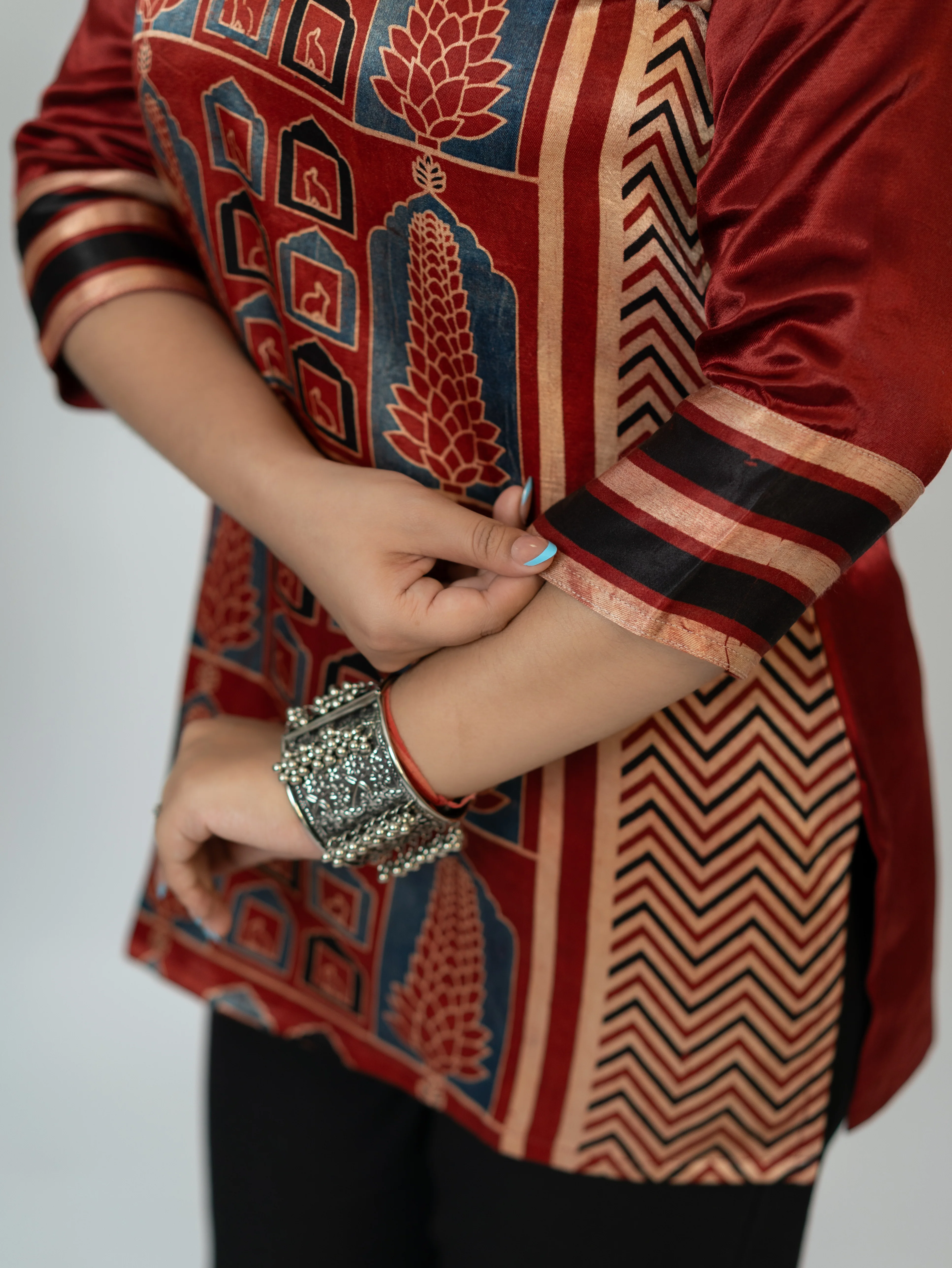 Kinjal Red Designer Mashru Silk Ajrakh Short Top - Image 10