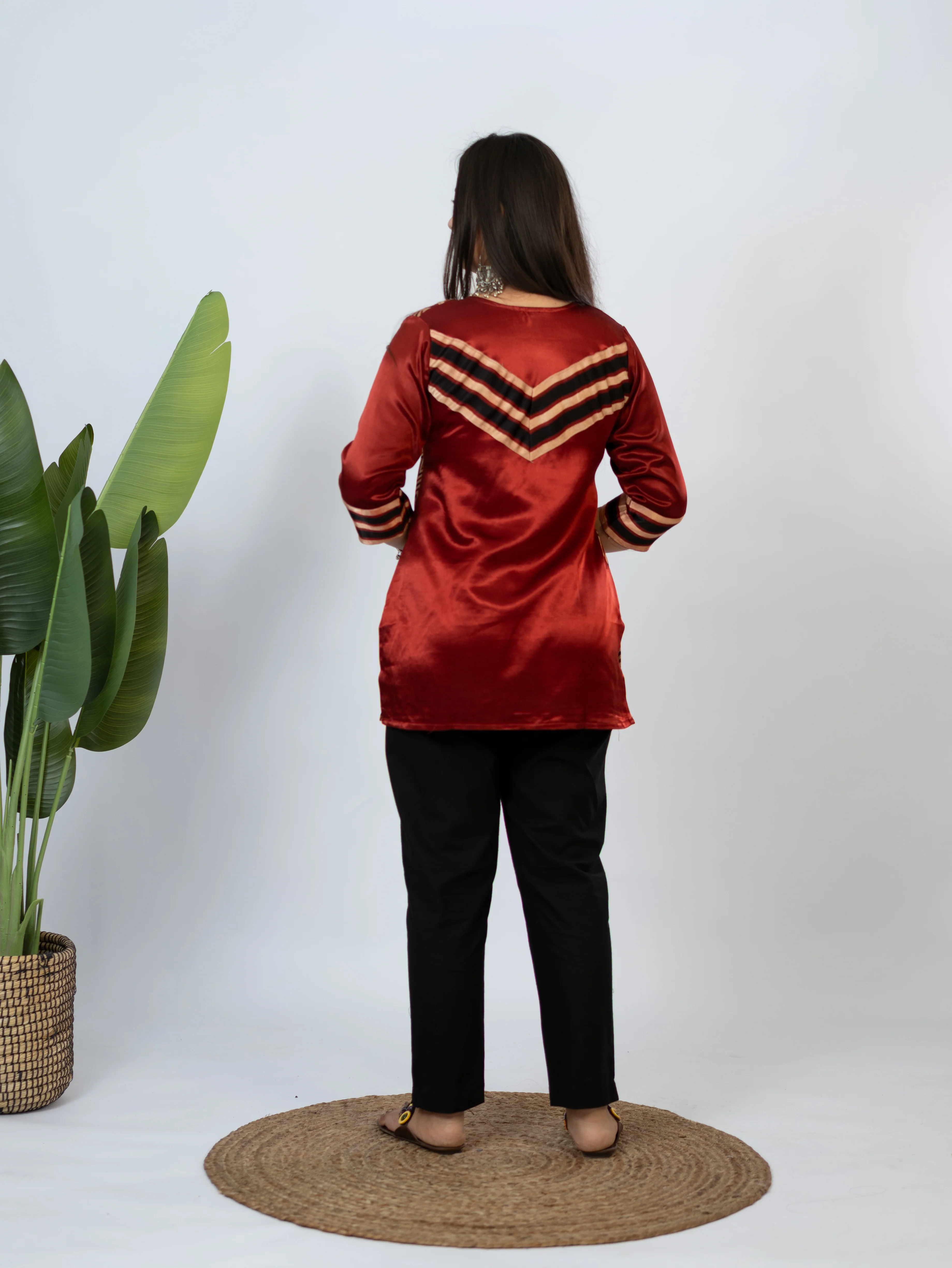 Kinjal Red Designer Mashru Silk Ajrakh Short Top - Image 11