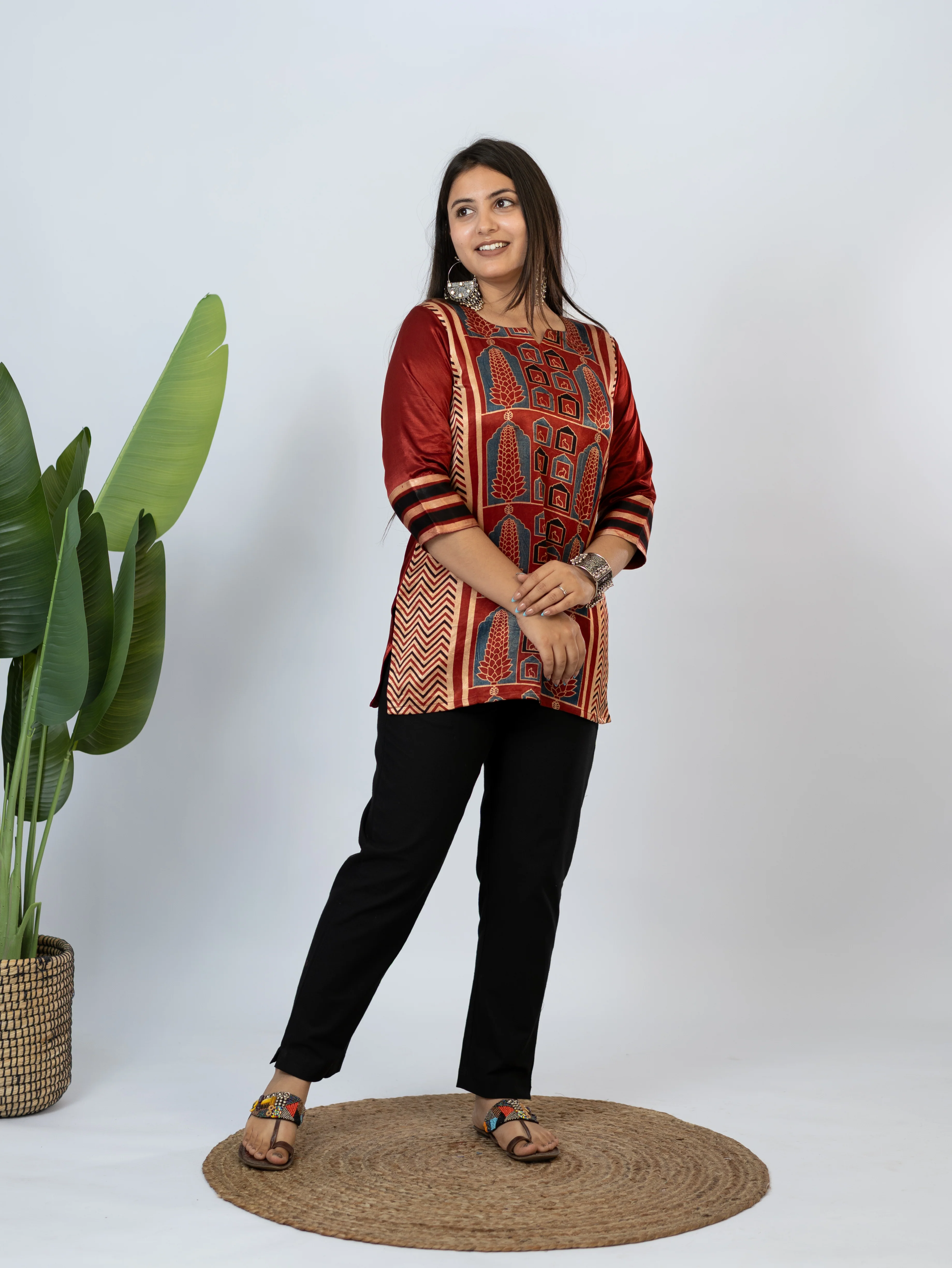 Kinjal Red Designer Mashru Silk Ajrakh Short Top - Image 3