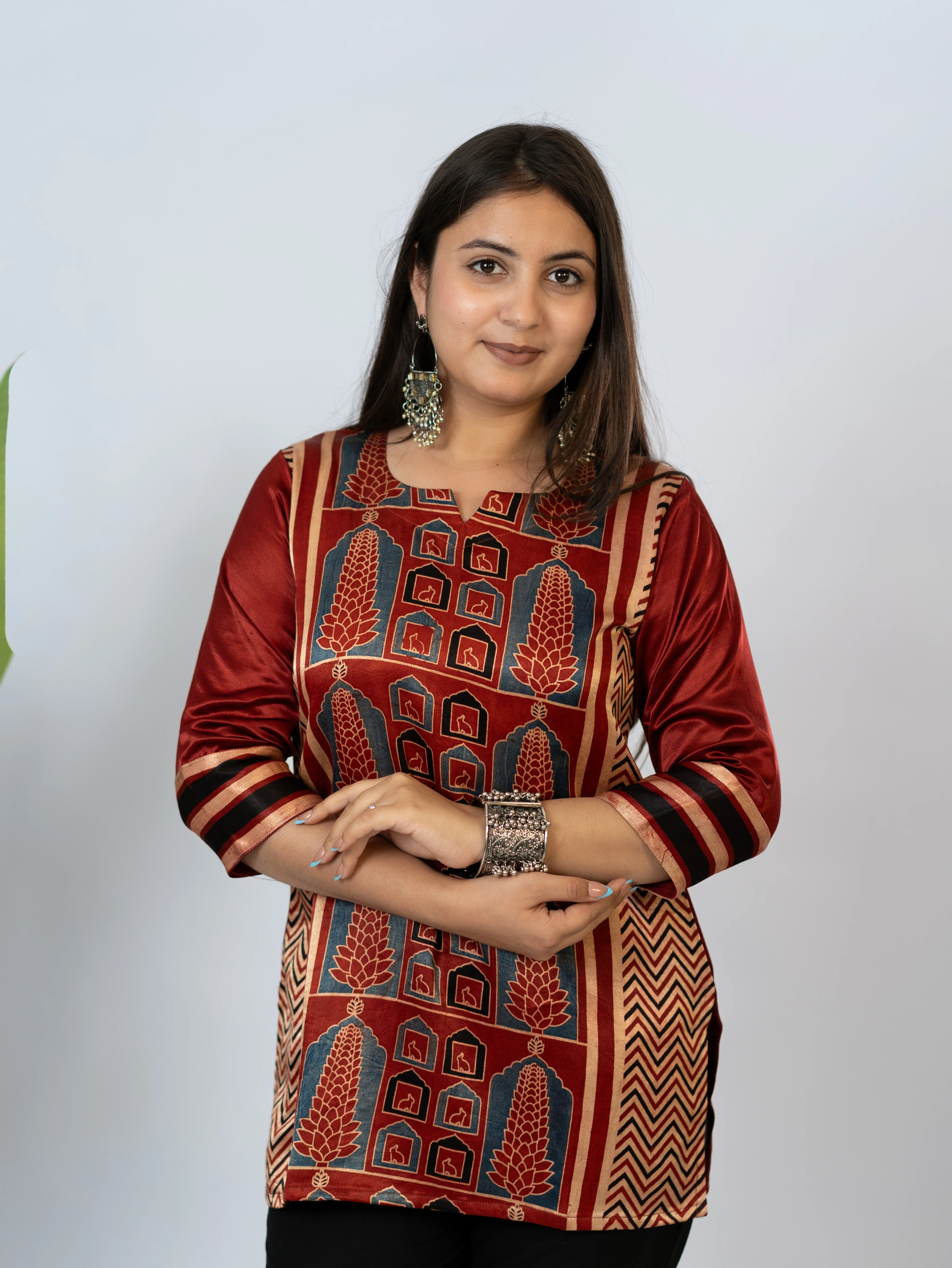 Kinjal Red Designer Mashru Silk Ajrakh Short Top - Image 4
