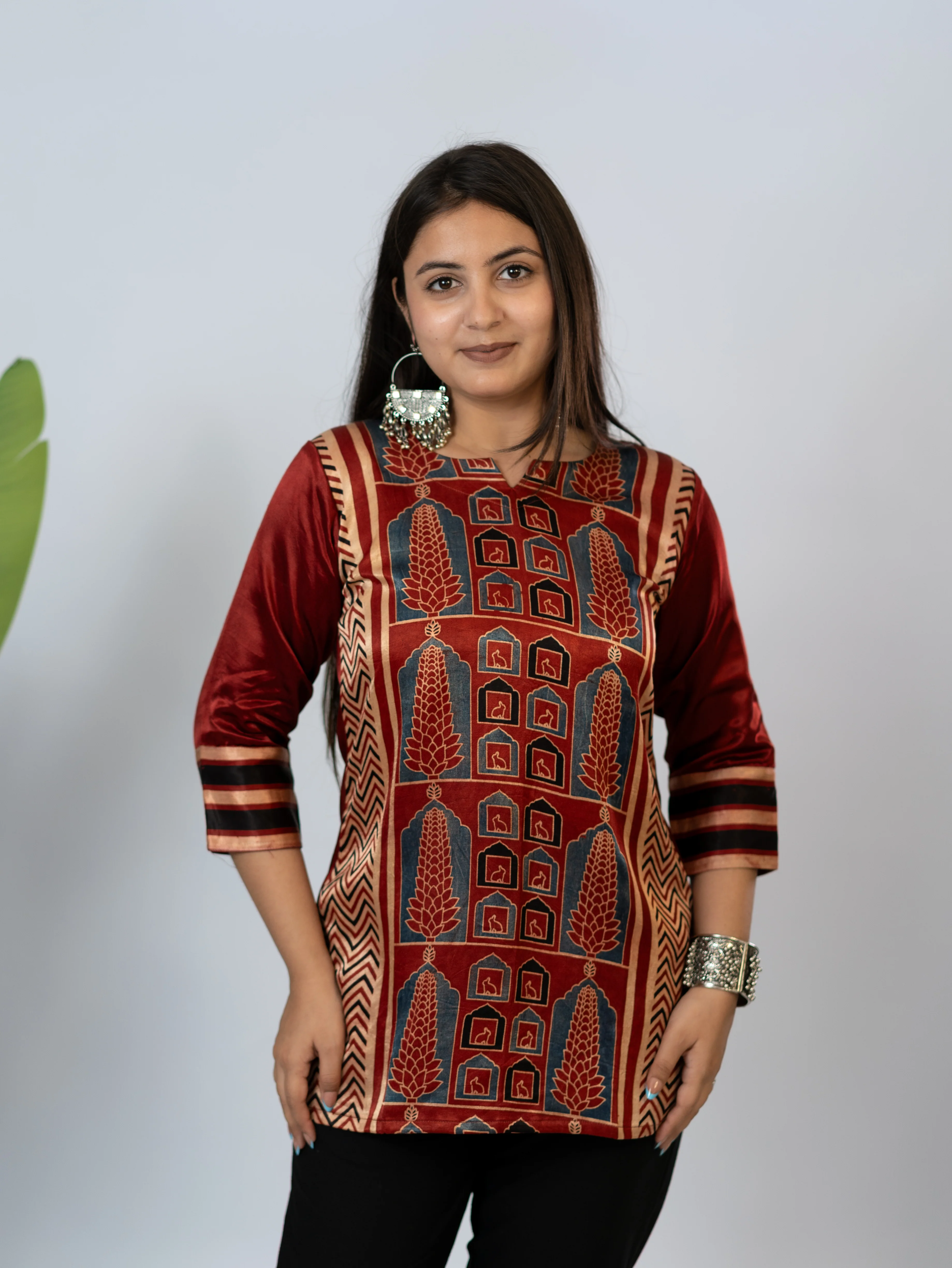 Kinjal Red Designer Mashru Silk Ajrakh Short Top - Image 5