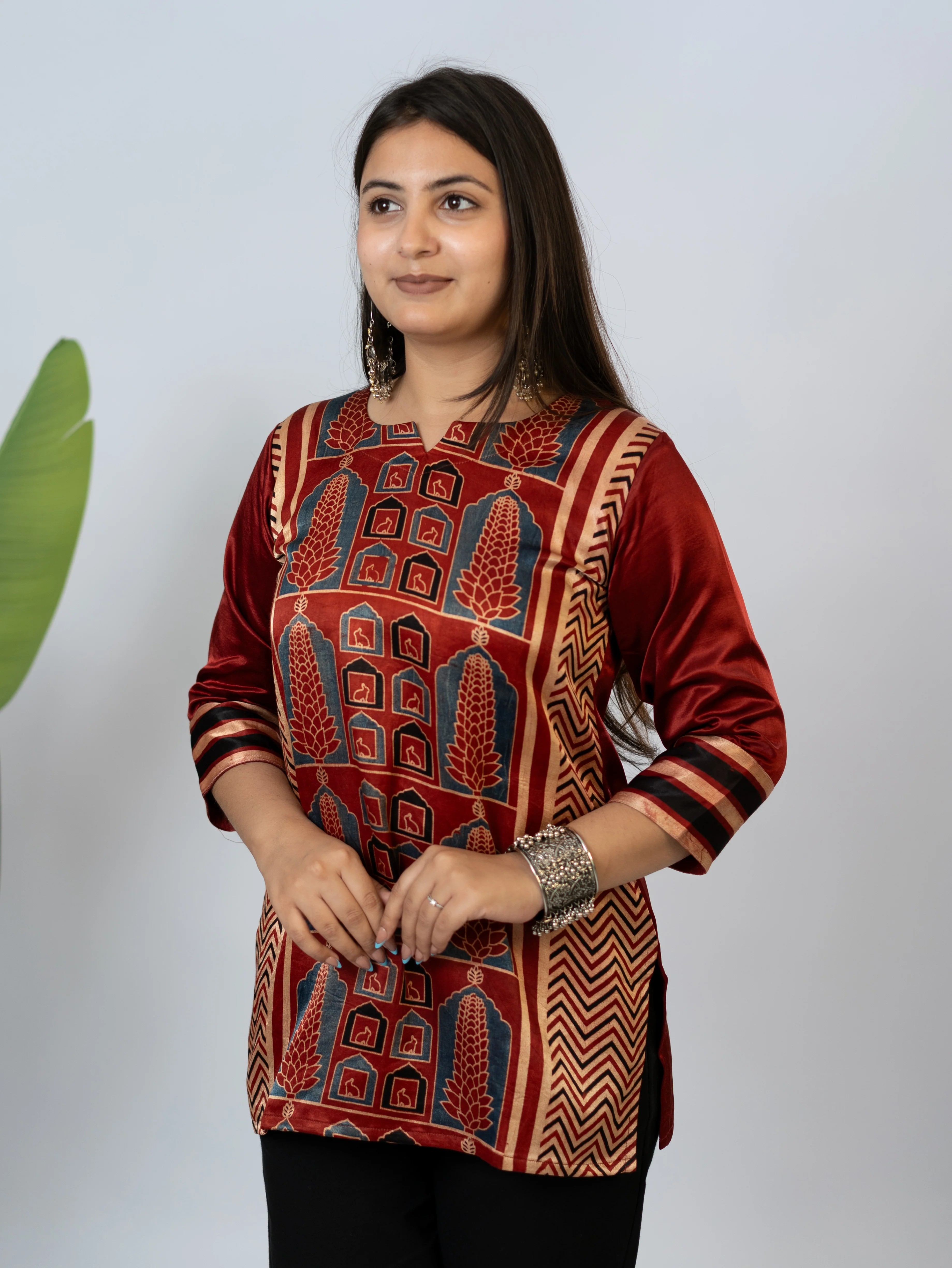 Kinjal Red Designer Mashru Silk Ajrakh Short Top - Image 6