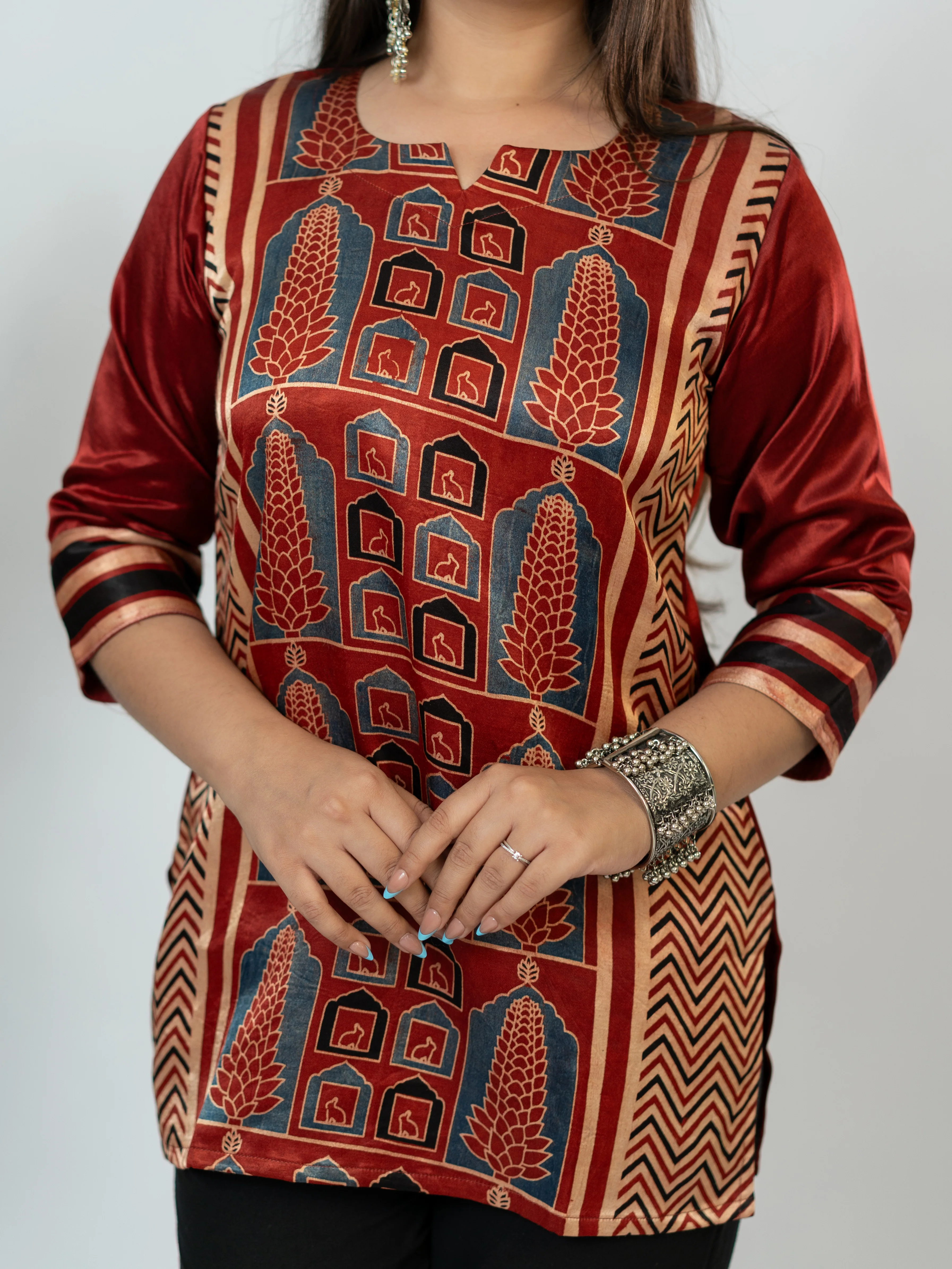 Kinjal Red Designer Mashru Silk Ajrakh Short Top - Image 7