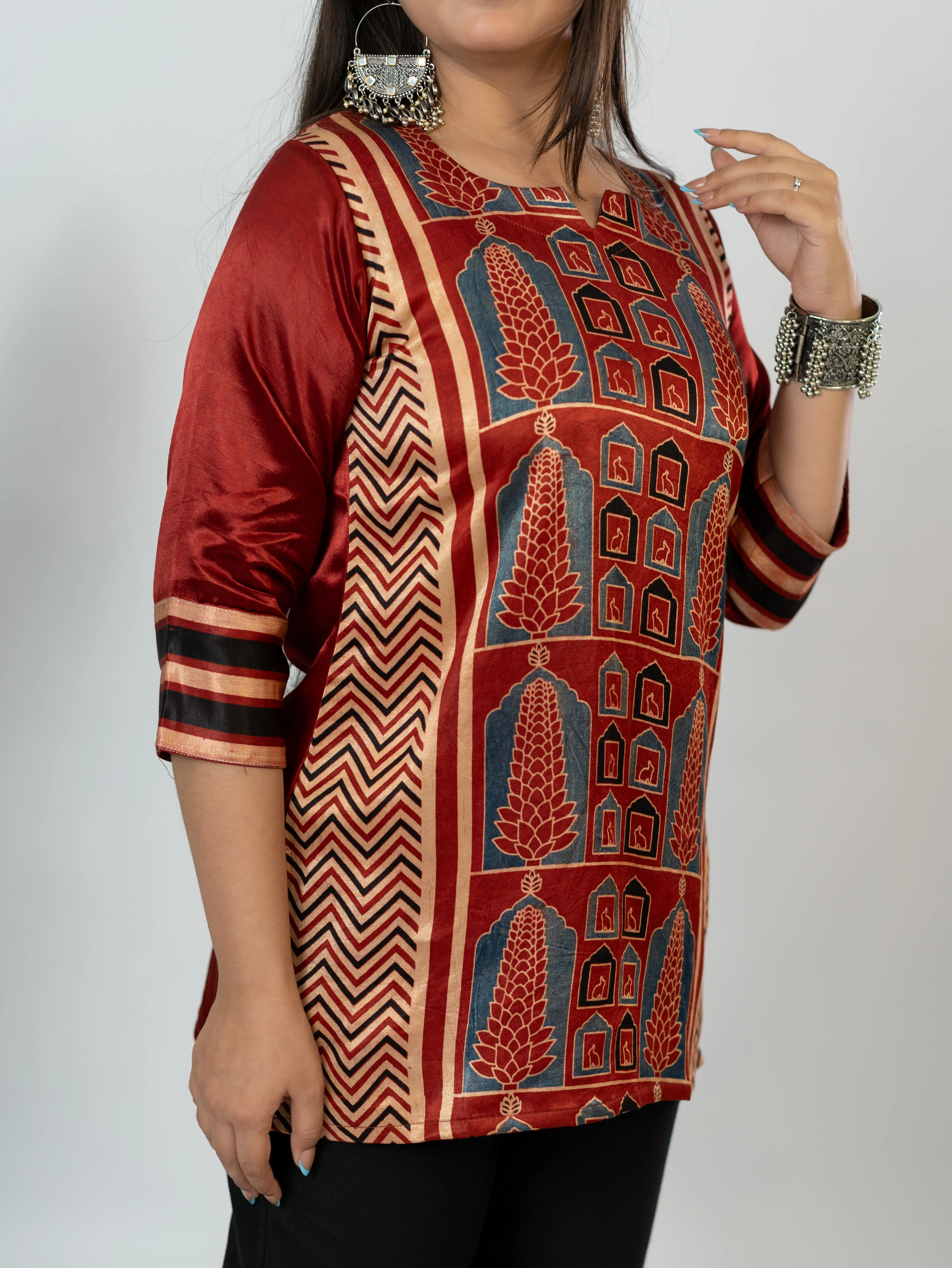 Kinjal Red Designer Mashru Silk Ajrakh Short Top - Image 8