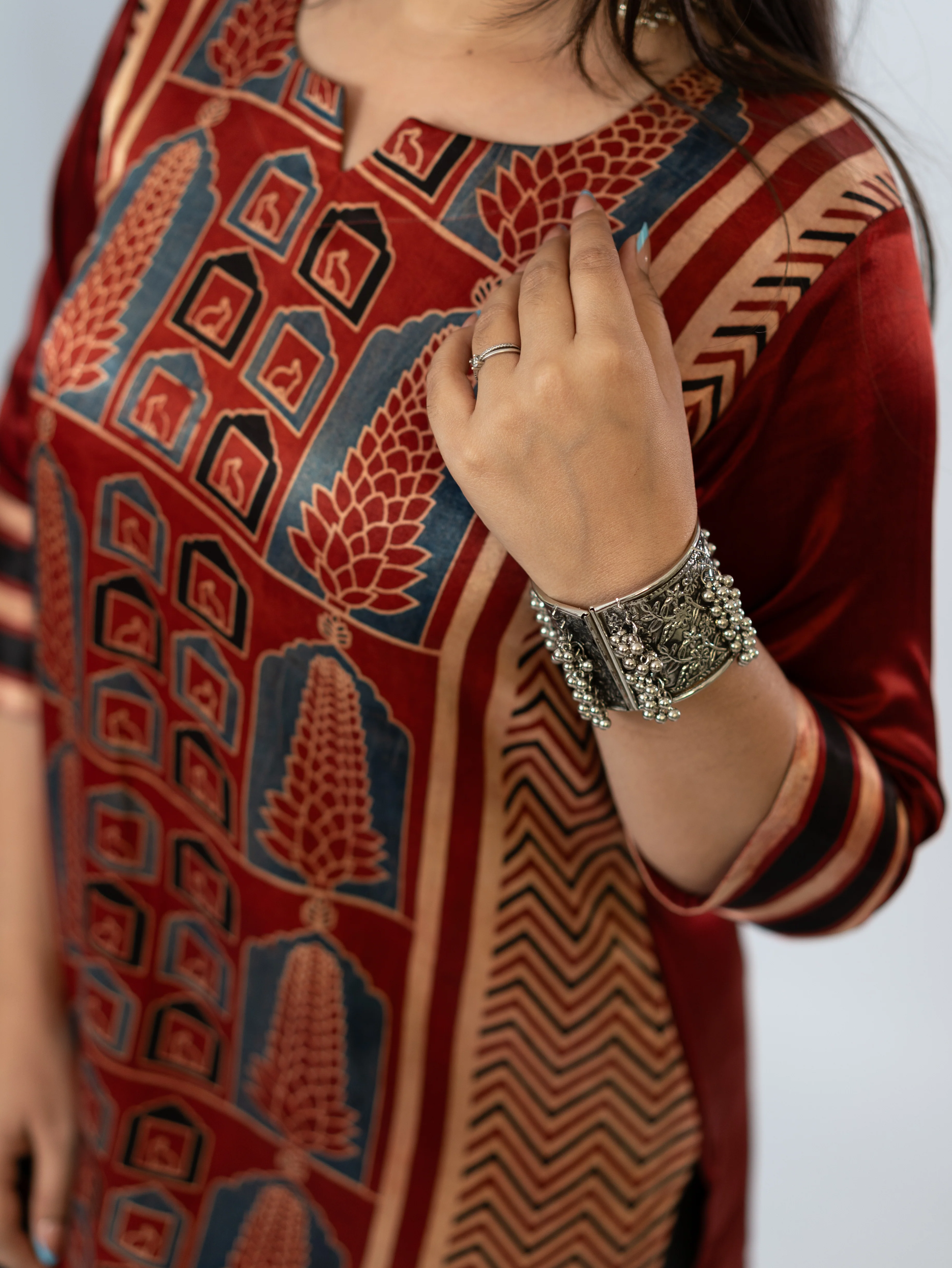 Kinjal Red Designer Mashru Silk Ajrakh Short Top - Image 9
