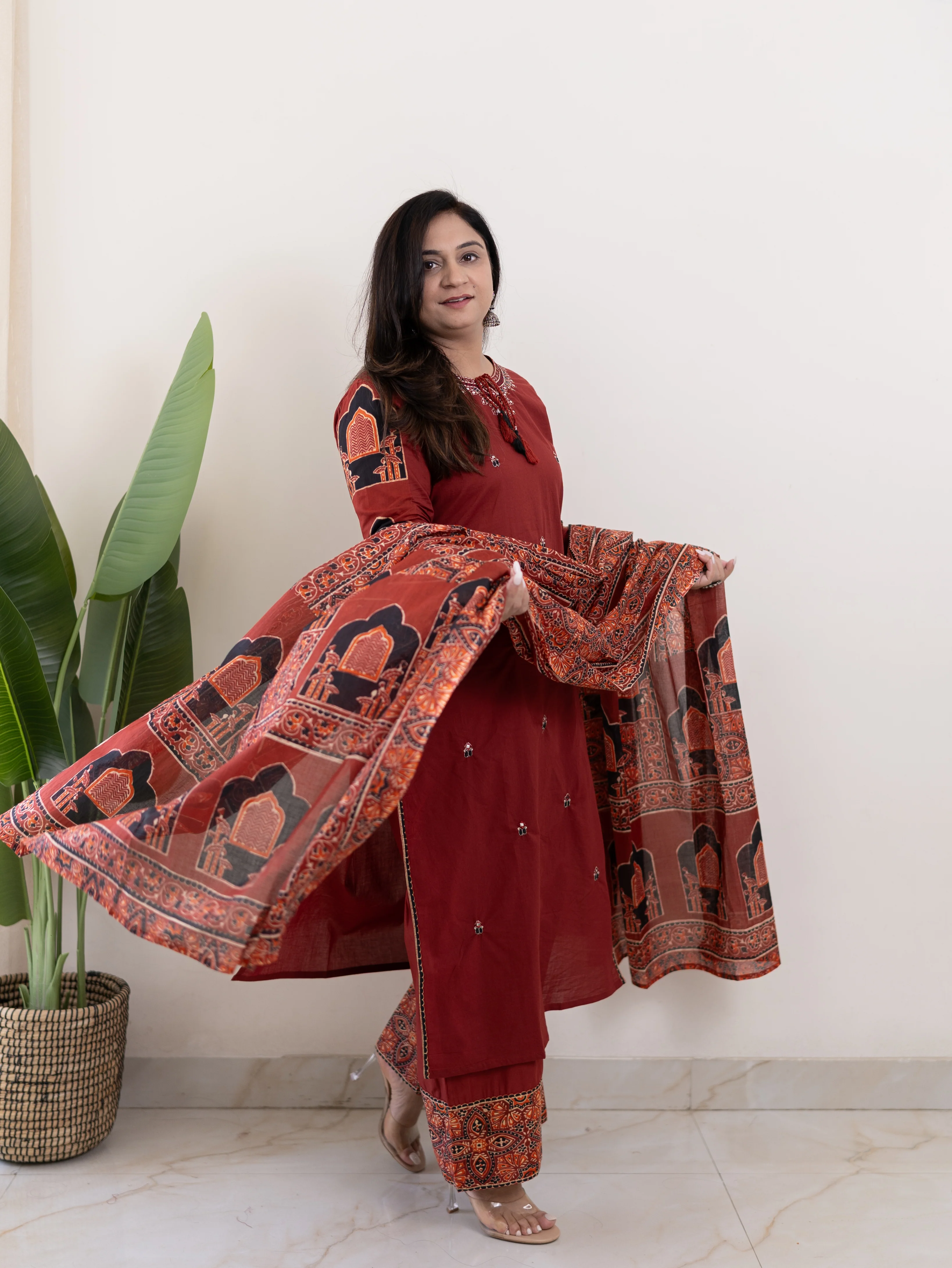 Komal Red Ajrakh Cotton Embroidered Dupatta set - Image 2