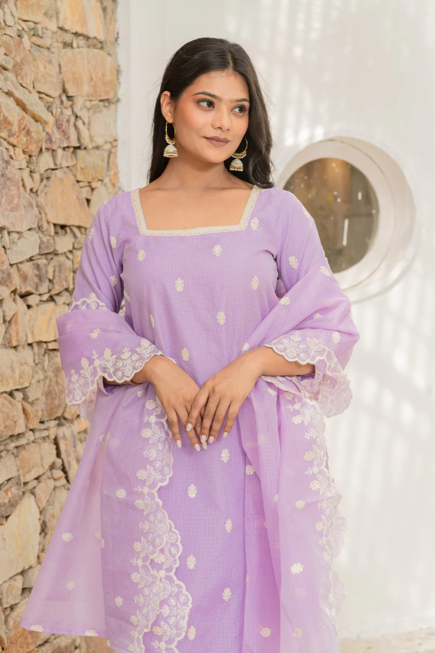 Lavender Kota Doria Embroidered Festive Pant Set - Image 3