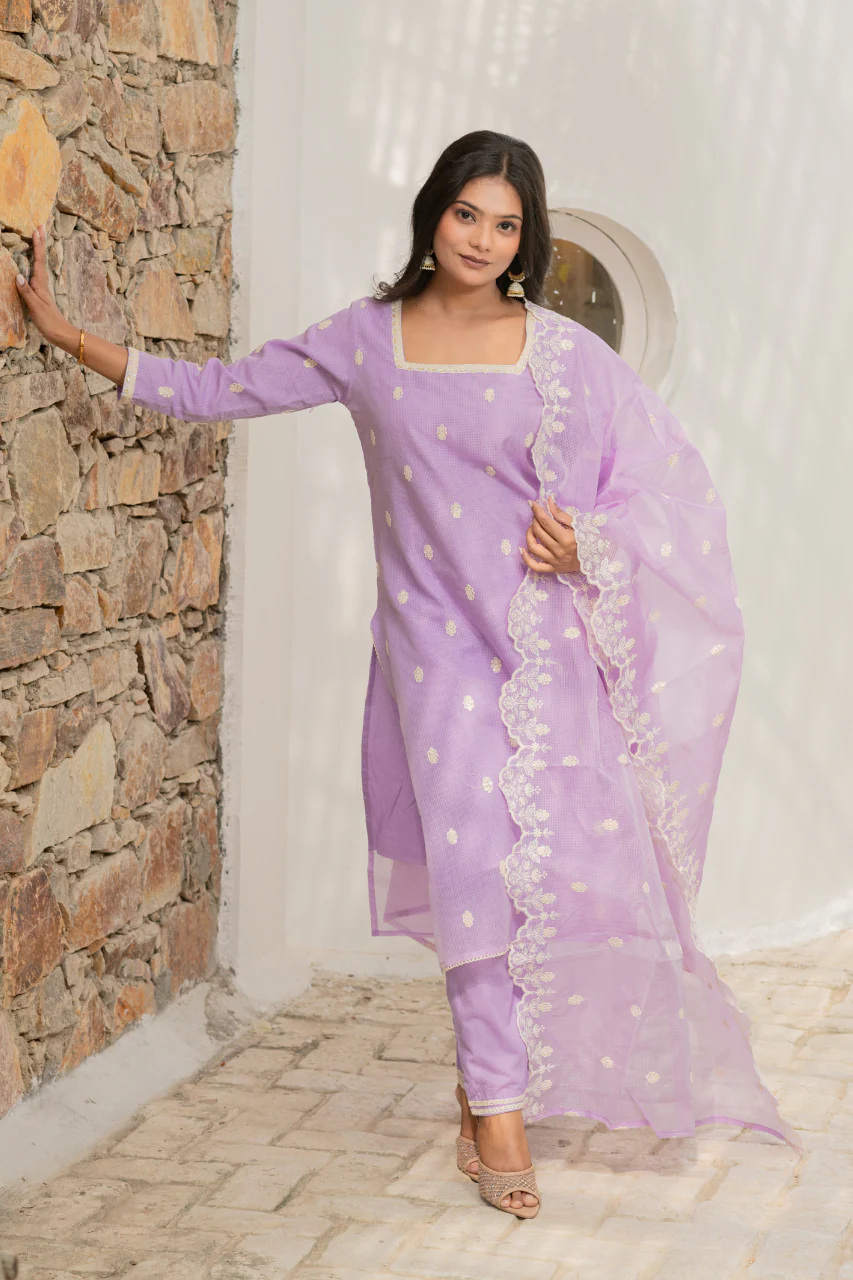 Lavender Kota Doria Embroidered Festive Pant Set - Image 6