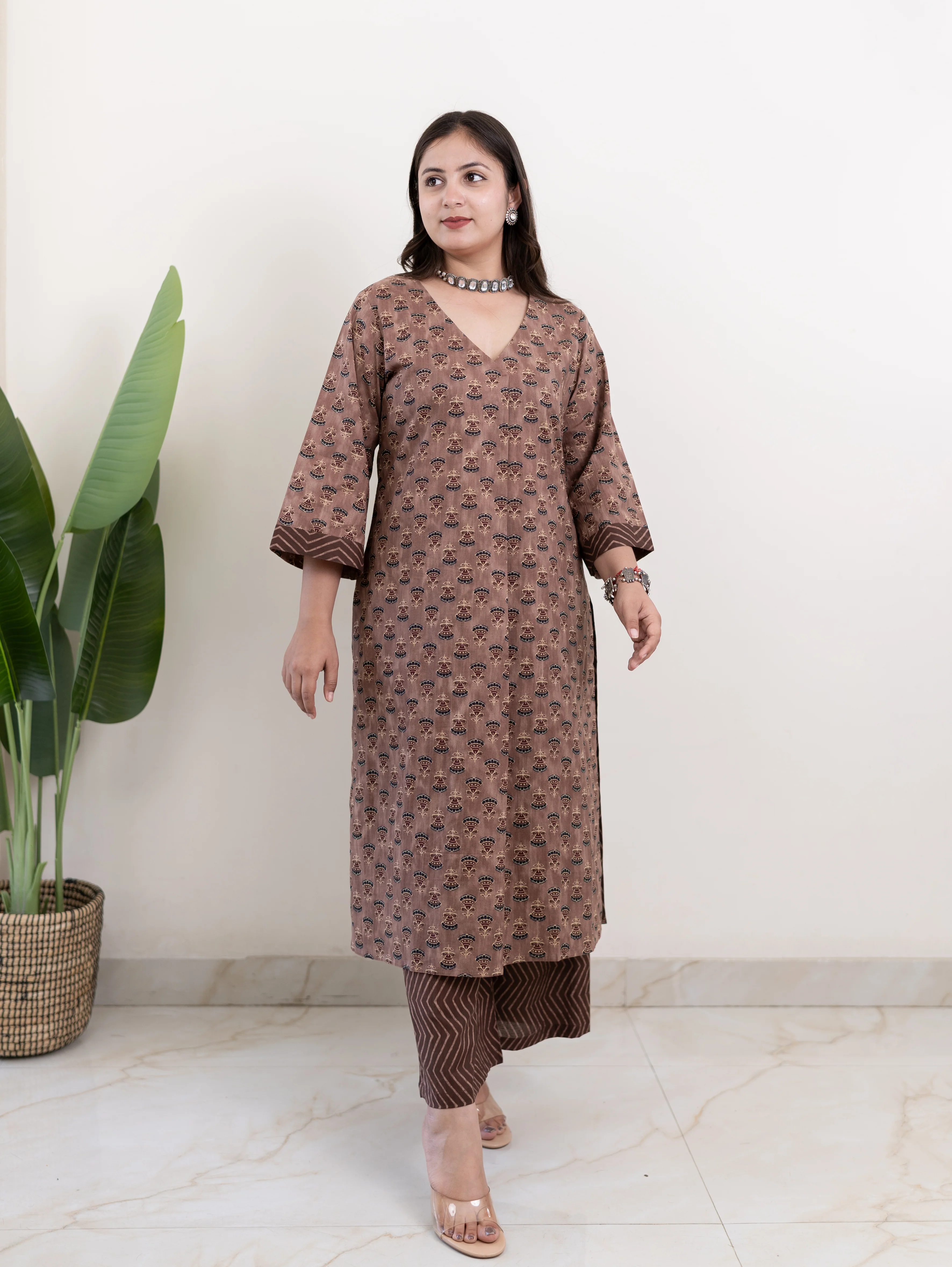 Lavina Brown Cotton A-line Kurta Set - Image 3
