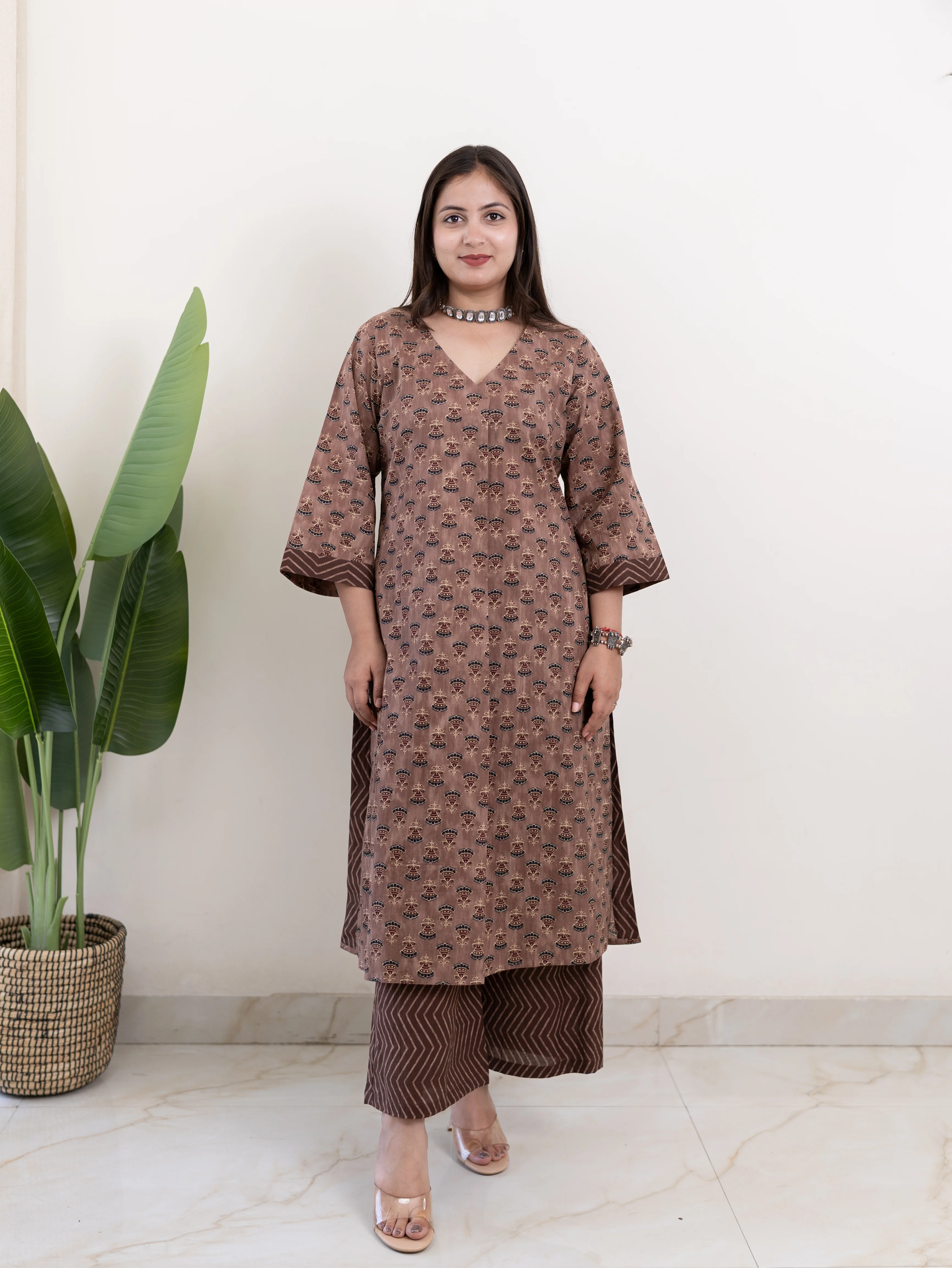 Lavina Brown Cotton A-line Kurta Set - Image 4