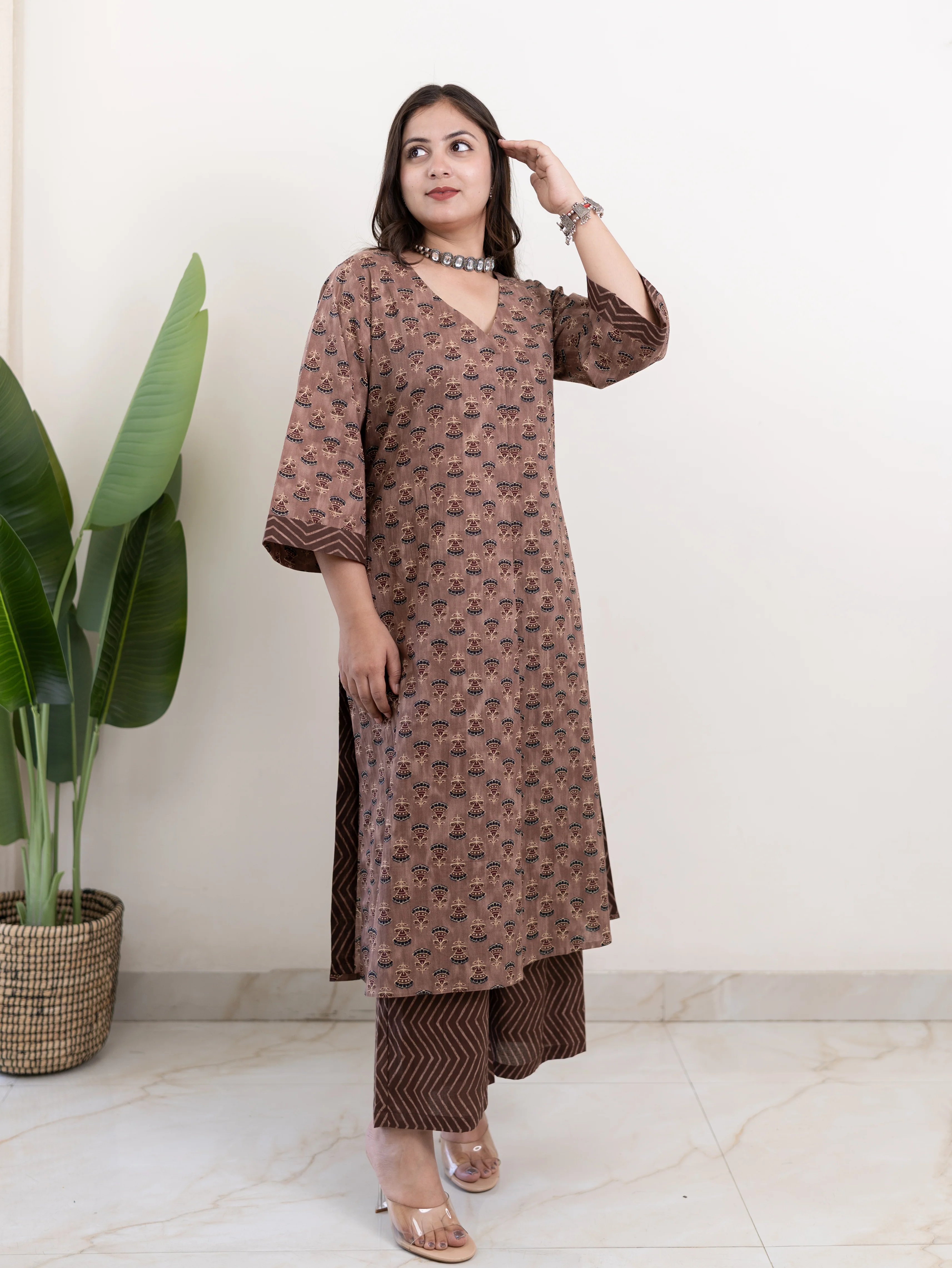 Lavina Brown Cotton A-line Kurta Set - Image 5