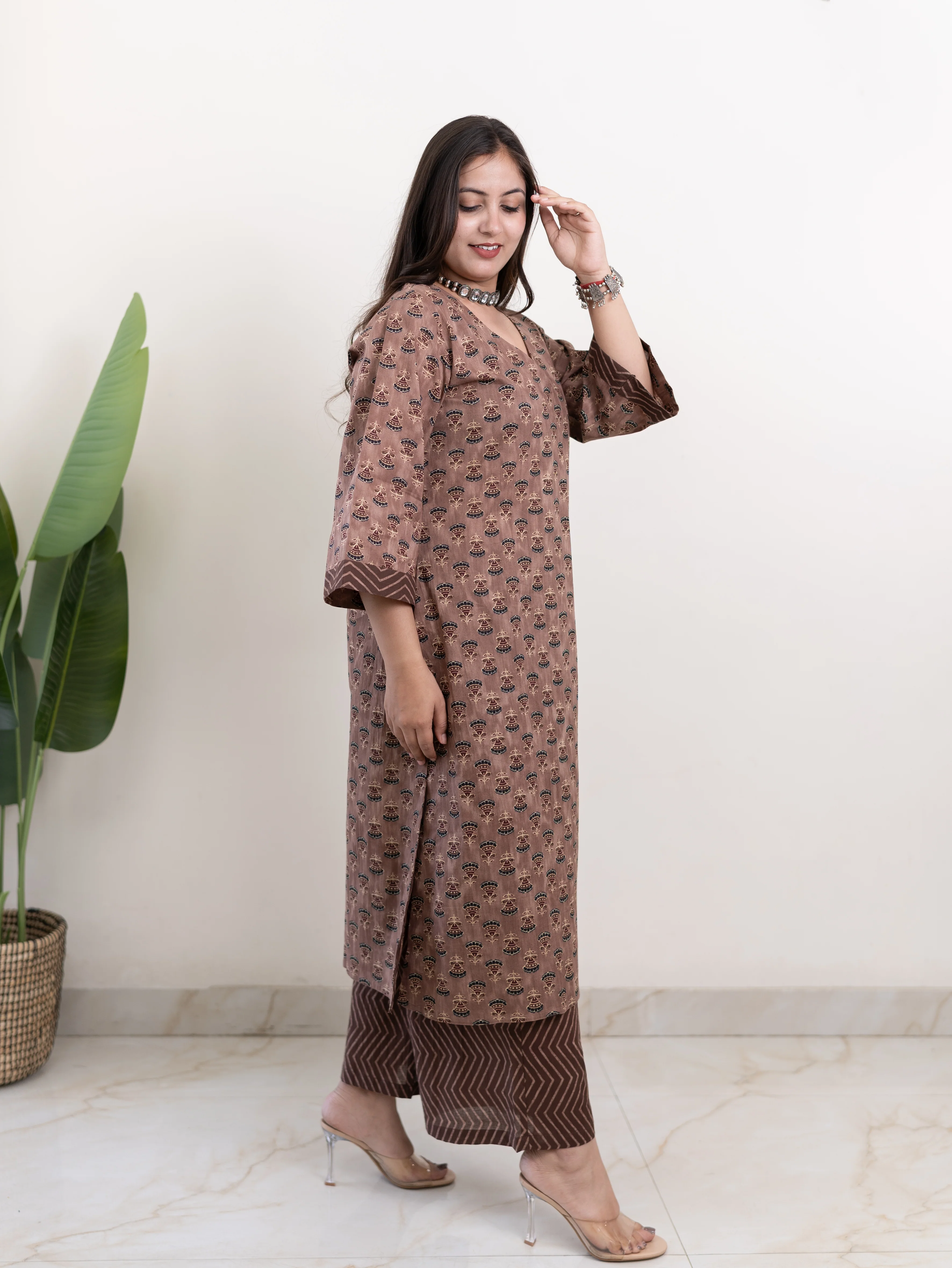 Lavina Brown Cotton A-line Kurta Set - Image 6