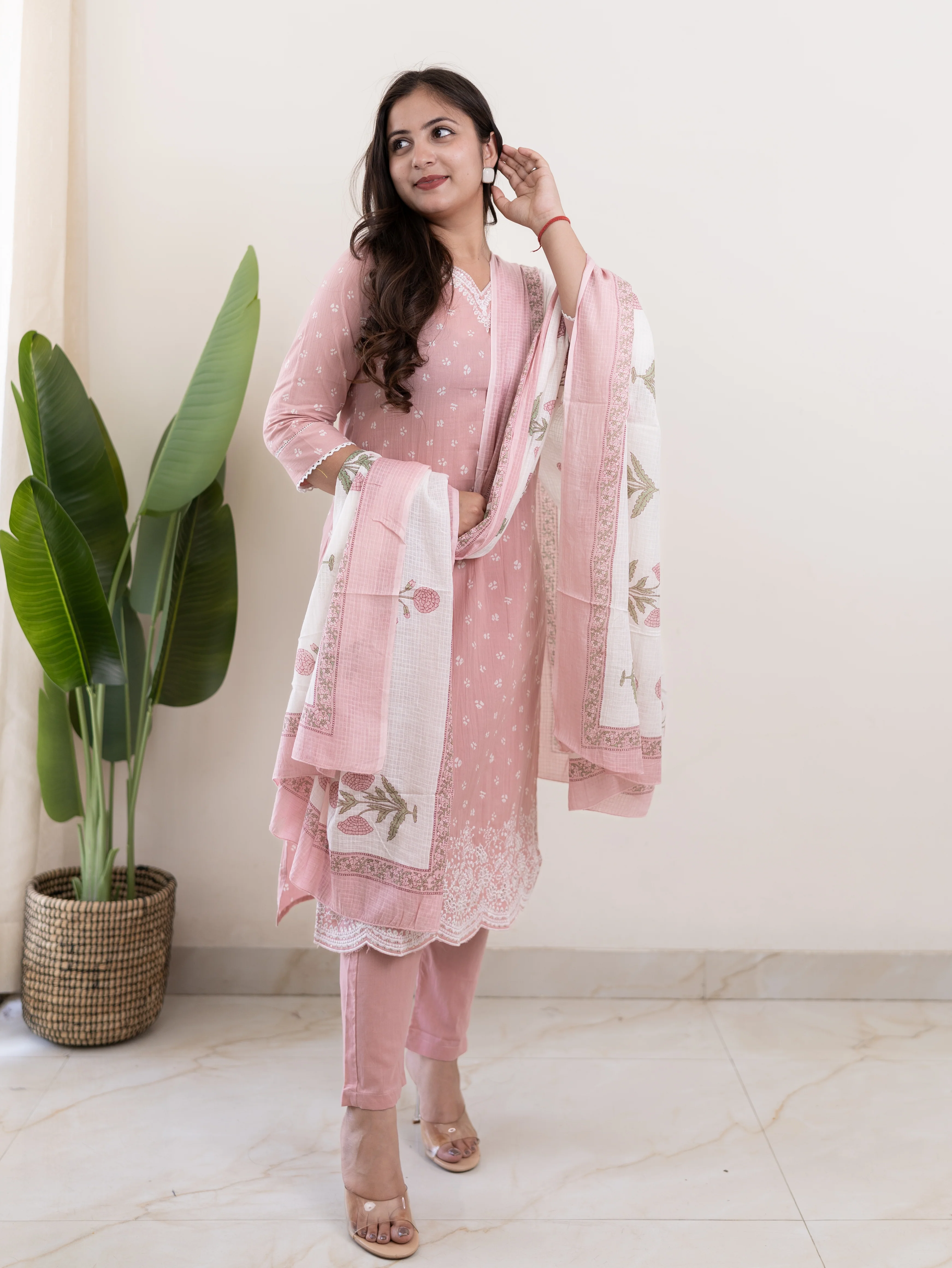Rifaa pink Cotton Embroidered Straight Dupatta Set - Image 6