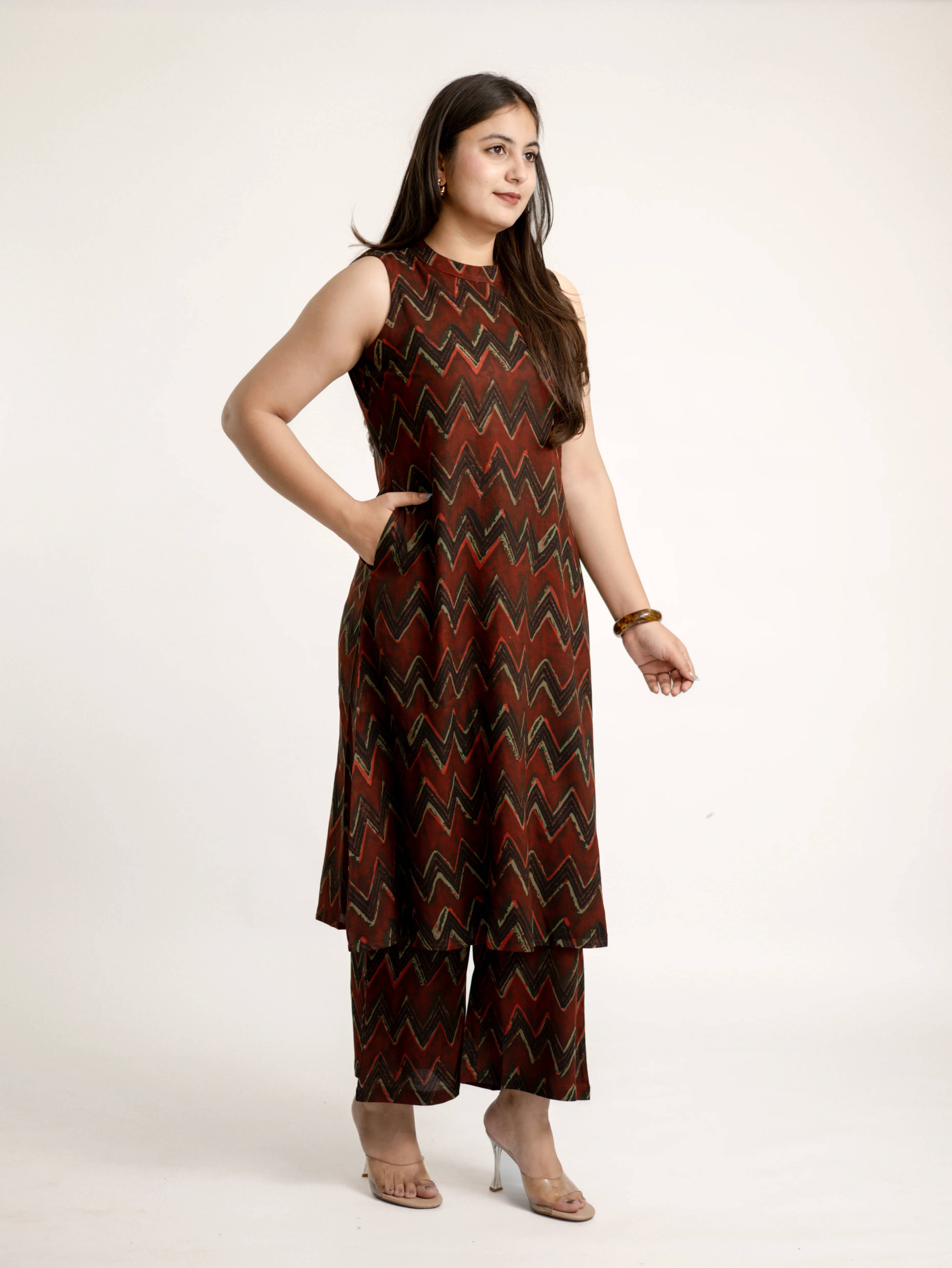 Luna Maroon Zigzag Rayon A-line Coord Set - Image 4