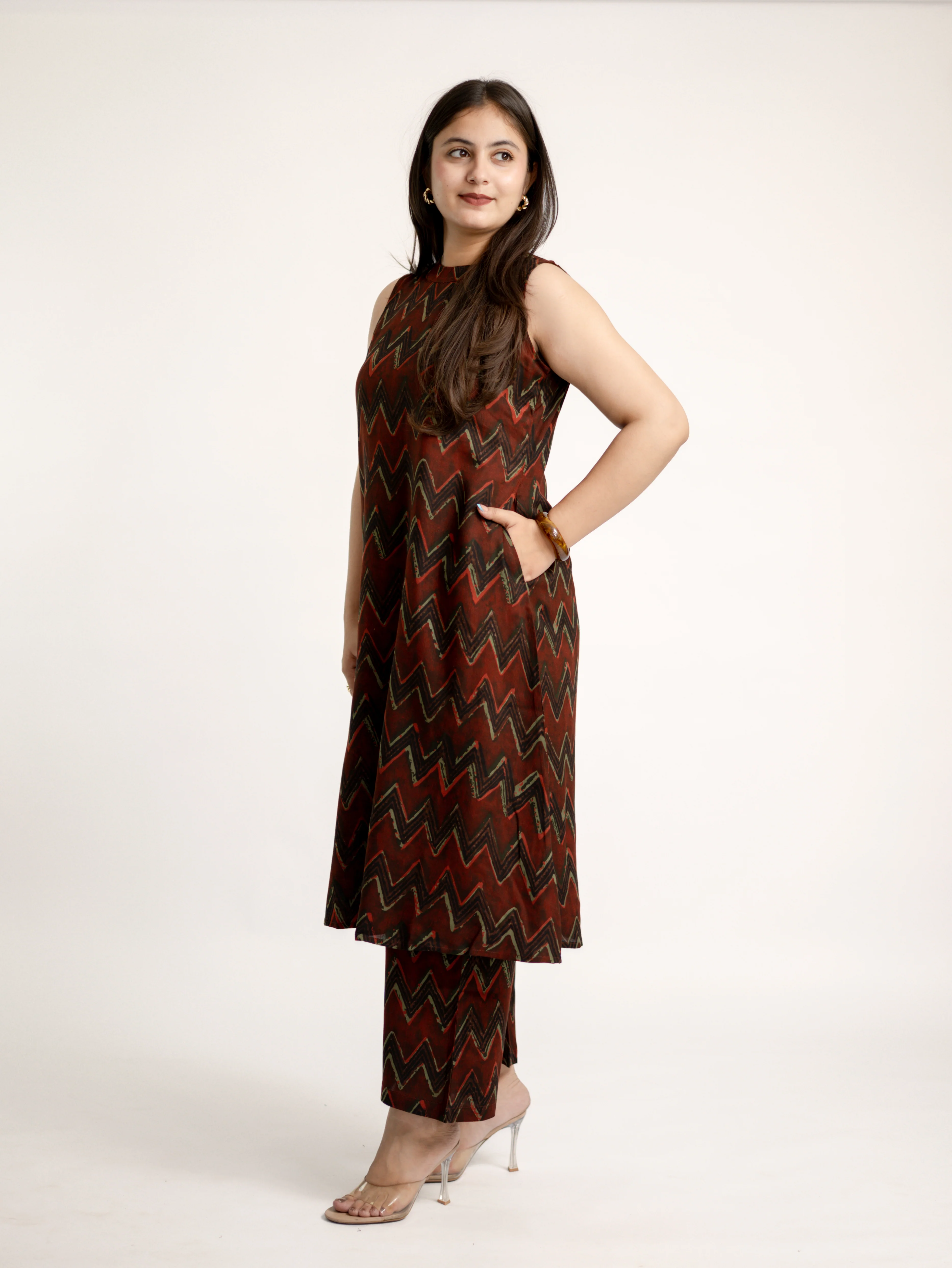 Luna Maroon Zigzag Rayon A-line Coord Set - Image 7