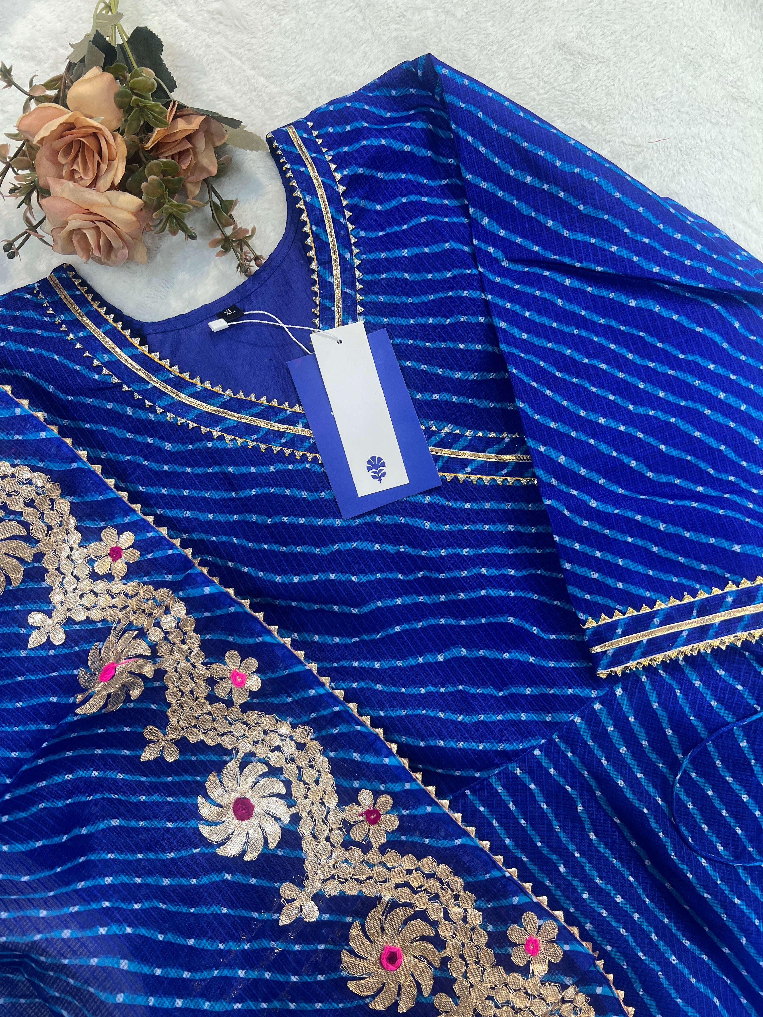 Mahira Blue Kota Doria Leheriya Gotta Detailed Anarkali Set - Image 3