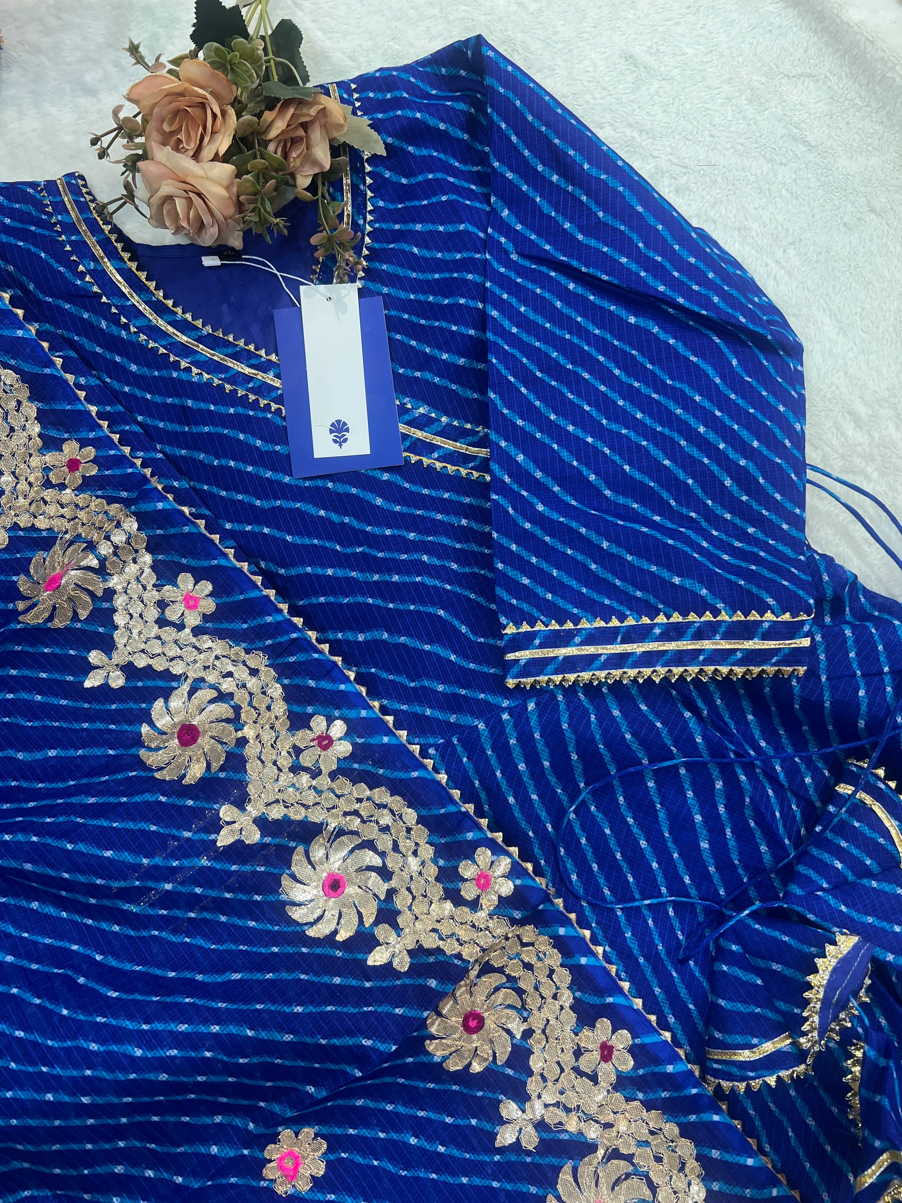 Mahira Blue Kota Doria Leheriya Gotta Detailed Anarkali Set - Image 5