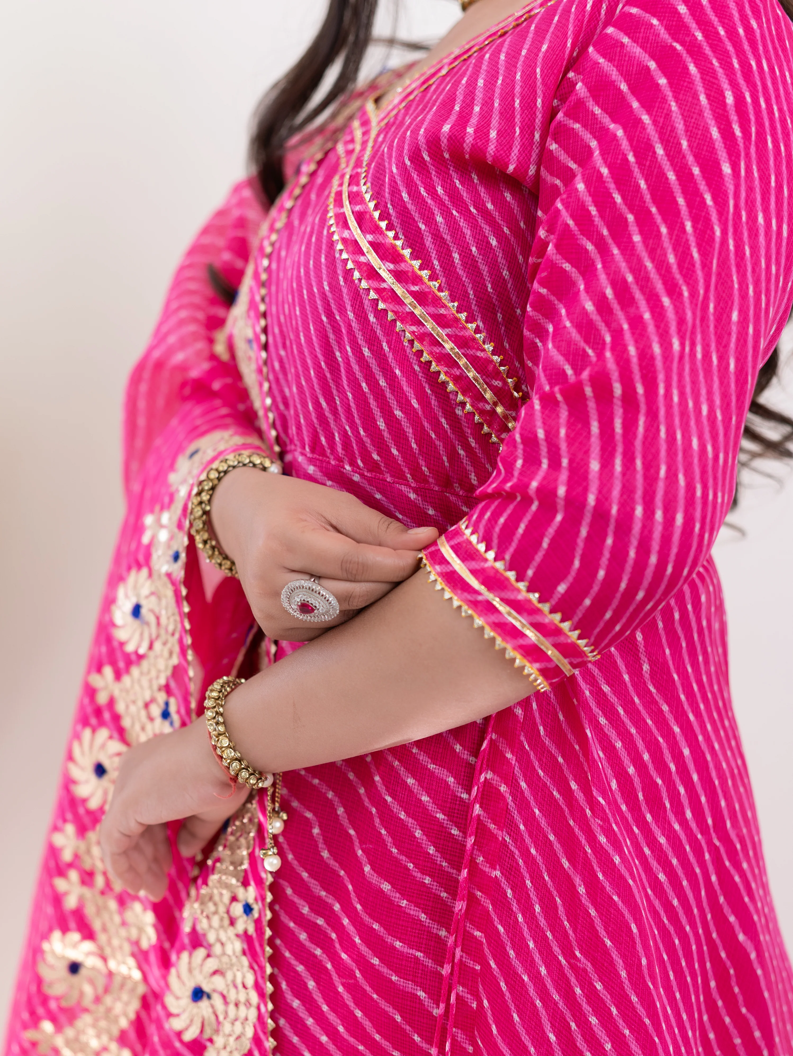 Mahira Pink Kota Doria Leheriya Gotta Detailed Anarkali Dupatta Set - Image 10